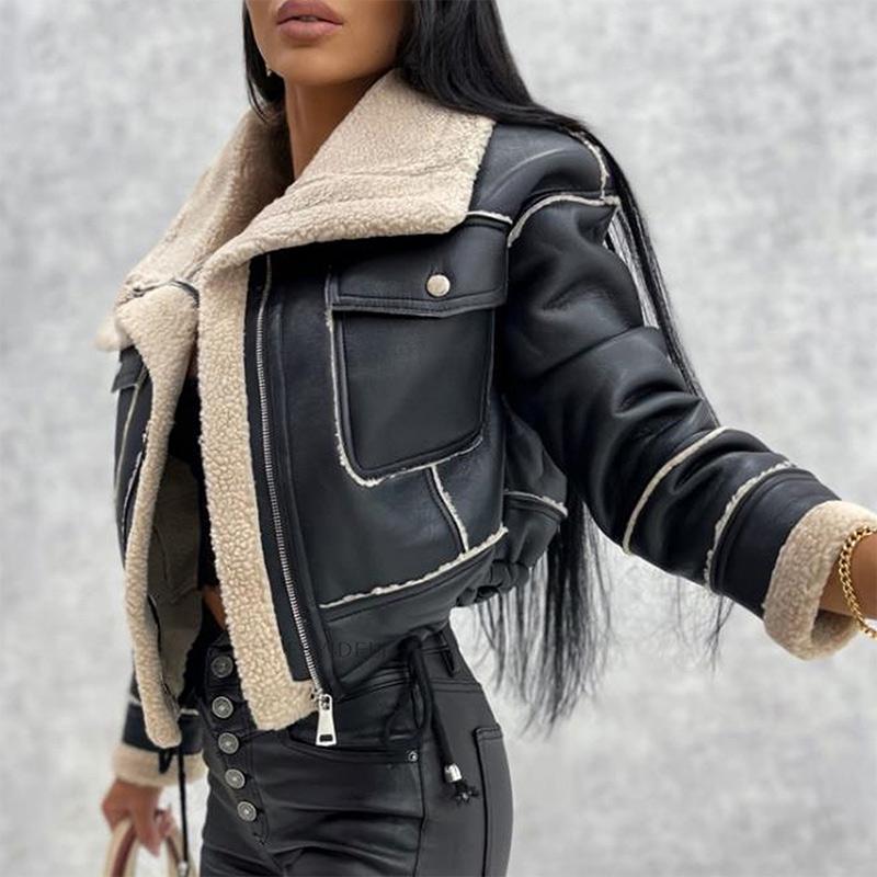Lamb Wool Short Jacket Zipper Motorcycle Style Jacket Women Warm Loose Faux Leather Thick Long Sleeve Lapel Pocket Female Fleece Outwear Autumn Winter