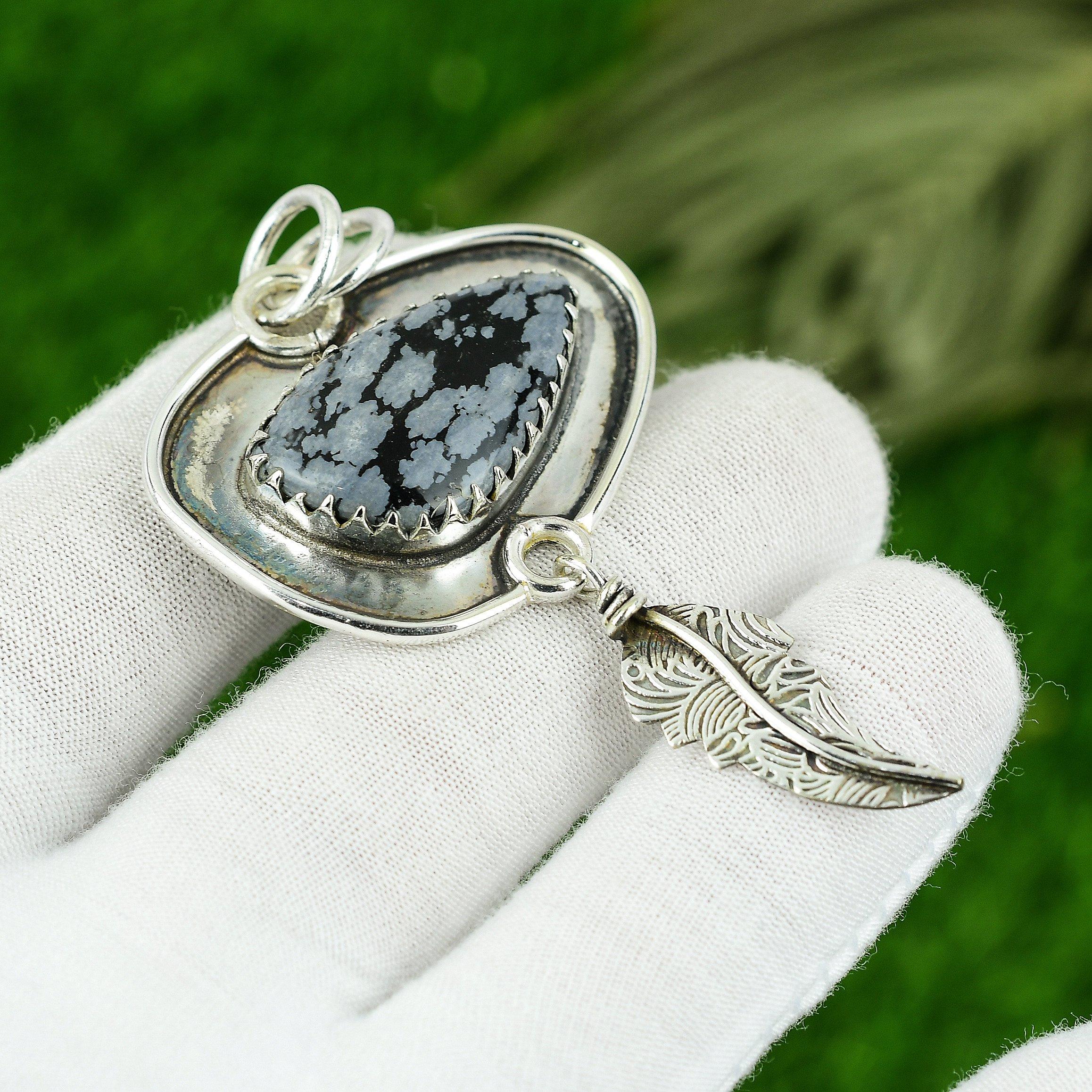 Jubiläumsgeschenk für sie Natürlicher Schneeflocken-Obsidian Edelstein Anhänger 925 Silber