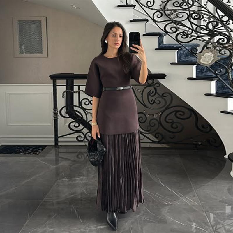 Elegant Knit Spliced Long Dress Women Fashion O-neck Half Sleeve Pleated Party Dresses 2025 Spring Summer Lady Commute Robes