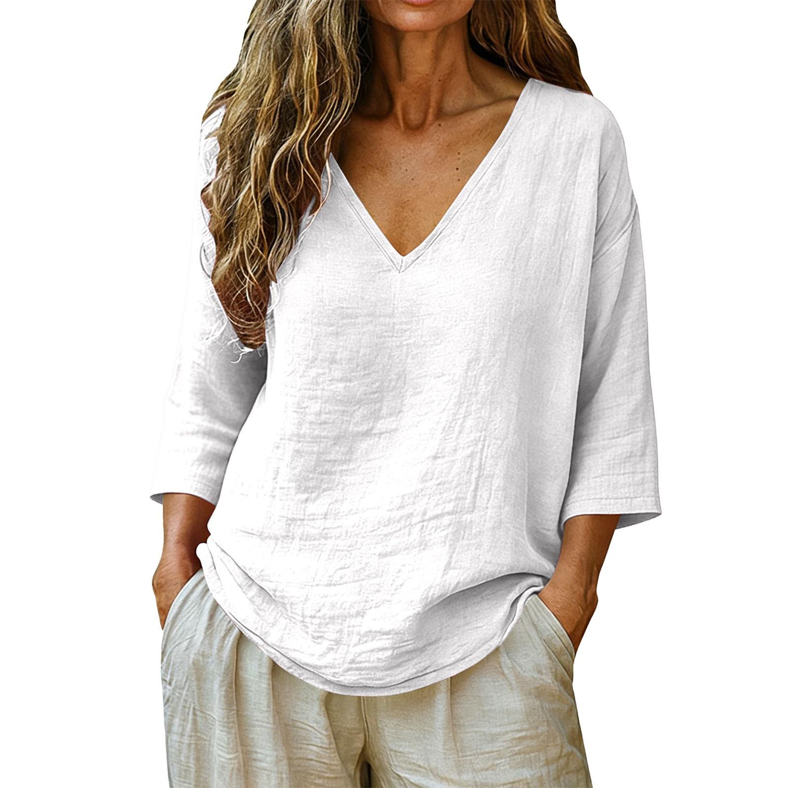 Donna Nuova Primavera Estate Cotone Slub Manica 3/4 Scollo a V Top, Blusa Casual Moda Larga