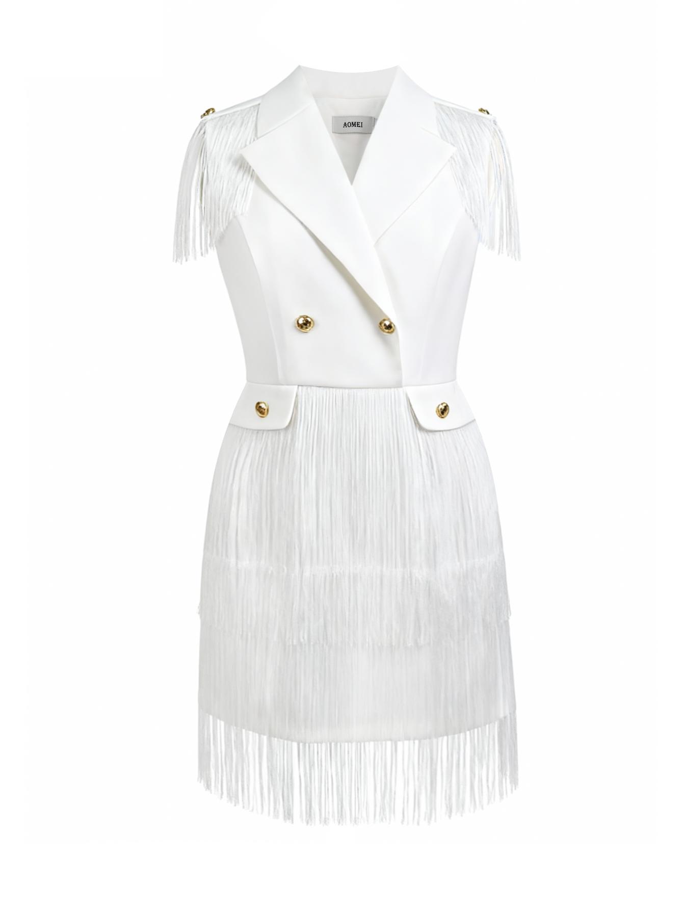 AOMEI Abito Blazer Donna Chic con Frange Scollo a Revers Senza Maniche Nappa Vestibilità Aderente Mini Abiti da Festa da Sera