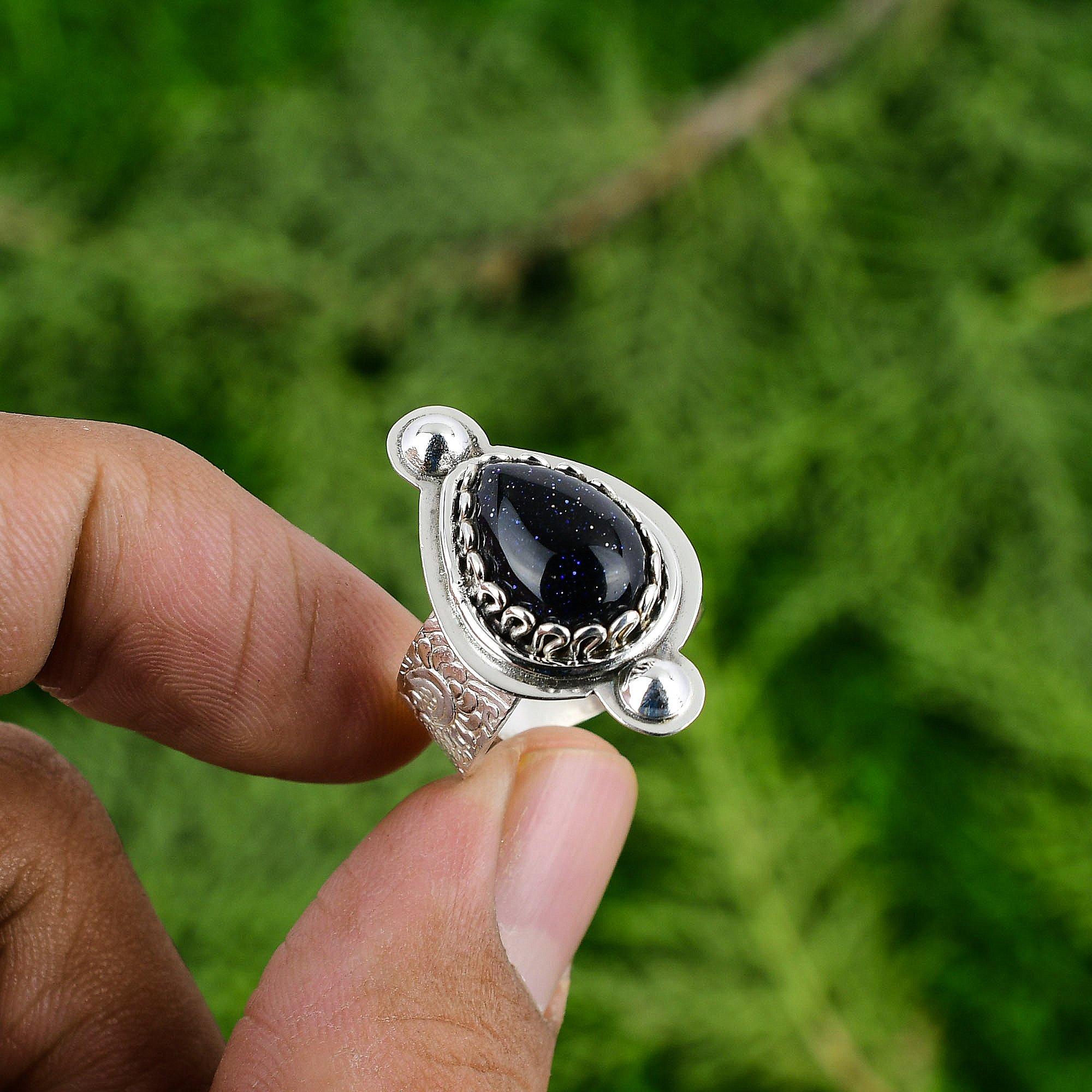Pear Blue Sunstone Stone Bezel Solitaire Promise Ring Jewelry Sterling Silver