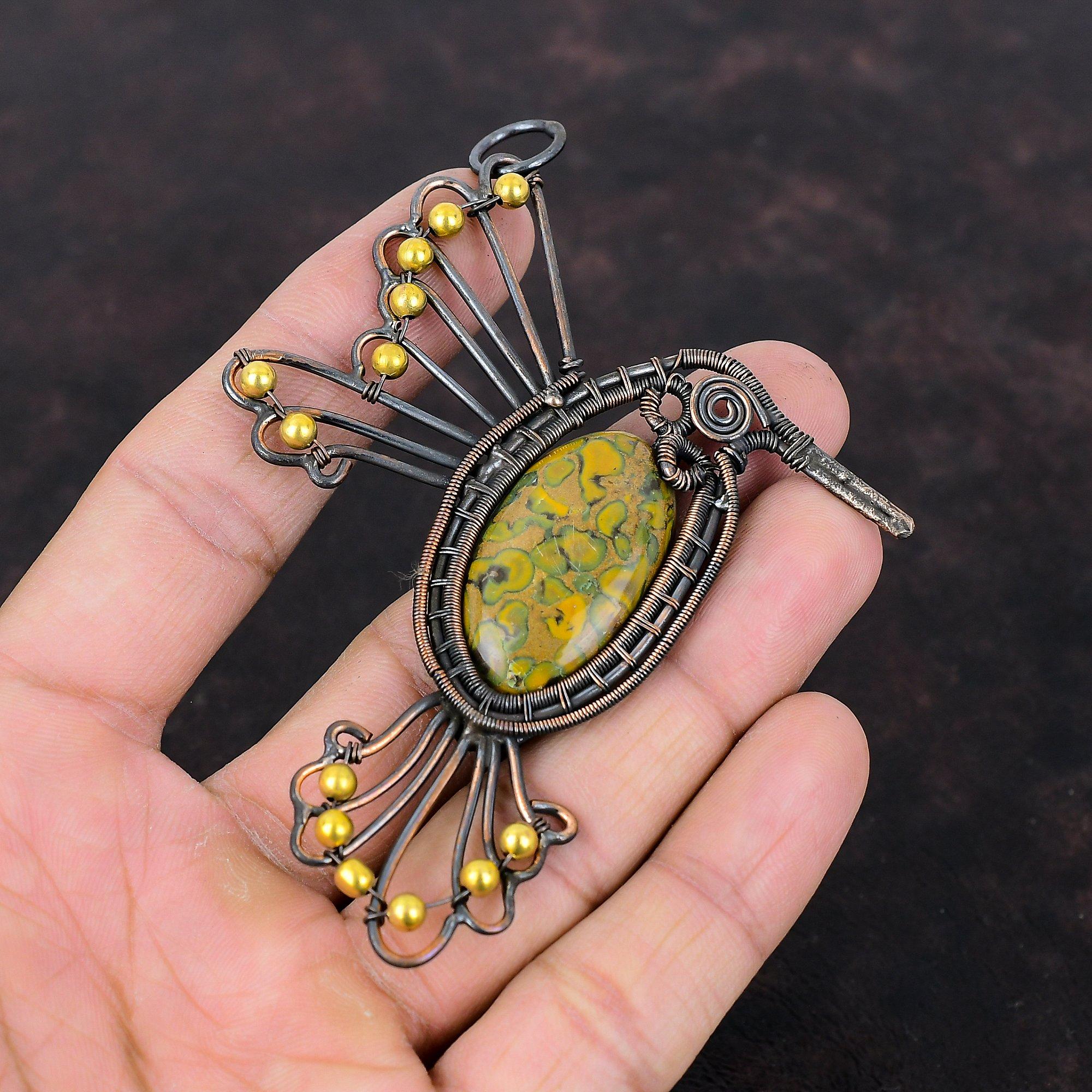 Fruit Jasper Pendant Copper Wire Wrapped Pendant Bird Design Pendant Copper Jewelry Gemstone Pendant Gift For Him Handmade Wire Wrap Jewelry