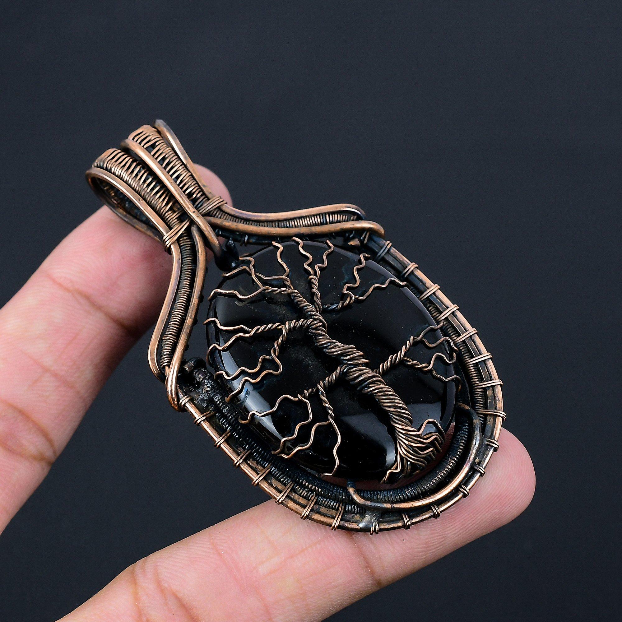 Tree Of Life Black Onyx Gemstone Pure Copper Wire Wrapped Handmade Jewelry Pendant