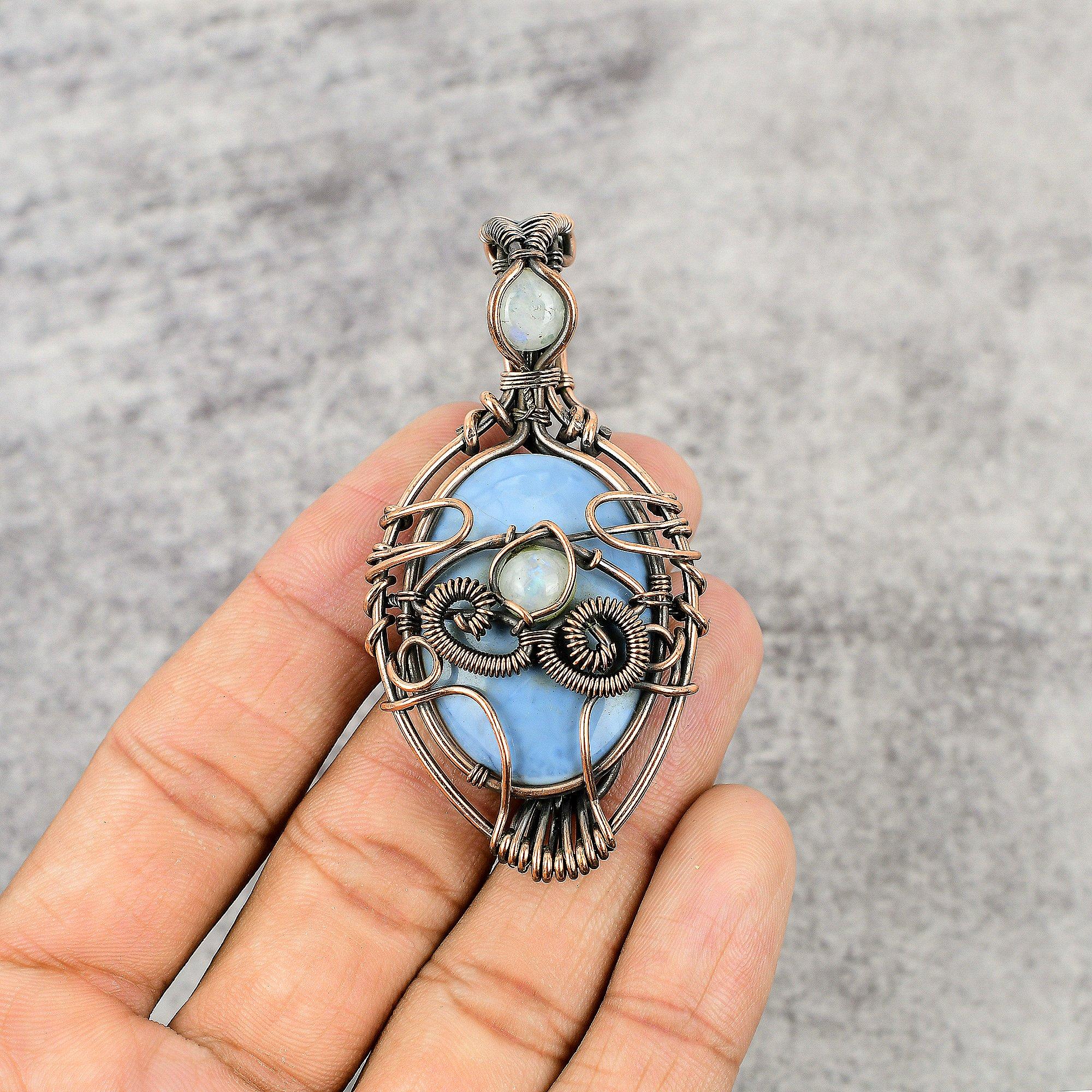 Owyhee Opal & Rainbow Moonstone Pendant, 999 Copper Wire Wrapped Jewelry, Gemstone Pendant, Gift For Her Handmade Dainty Jewelry