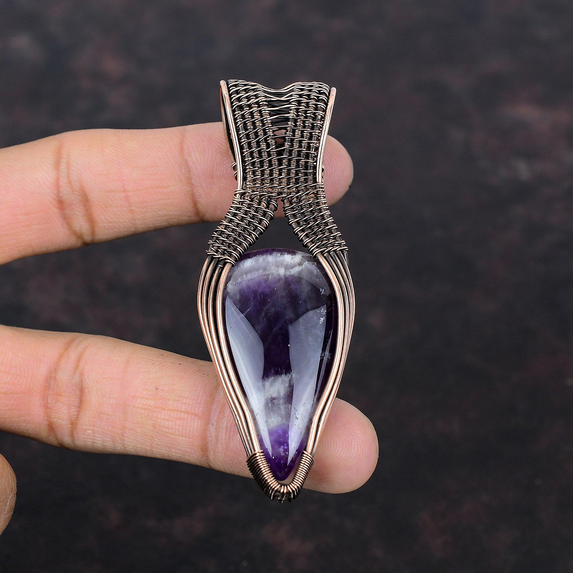 Chevron Amethyst Copper Pendant Copper Wire Wrapped Jewelry Original Gemstone Pendant Copper Wire Pendant Handmade Jewelry Anniversary Gift