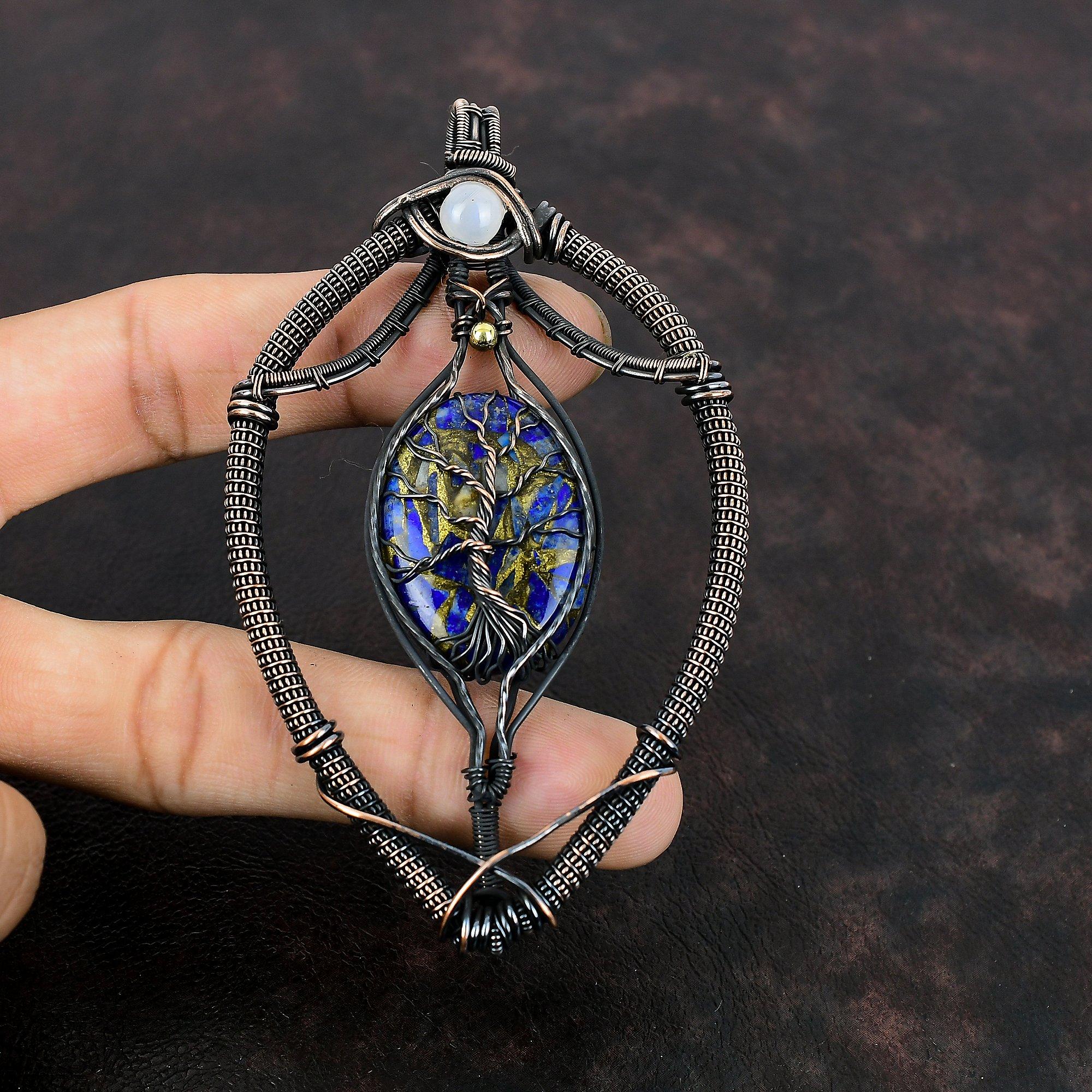 Tree Of Life Copper Sodalite Pendant Copper Wire Wrapped Pendant Rainbow Moonstone Pendant Gemstone Jewelry Gift For Her Copper Wire Jewelry