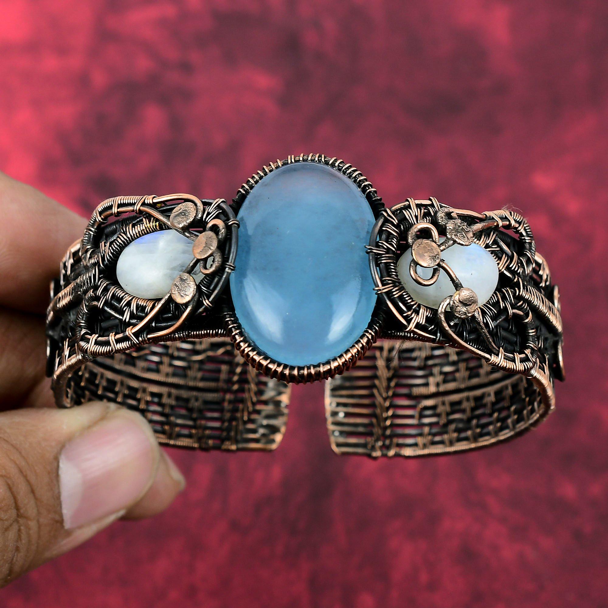 Aquamarine Bangle Copper Wire Wrapped Cuff Bracelet Handmade Adjustable Bangle Rainbow Moonstone Gemstone Cuff Copper Jewelry Gifts For Him