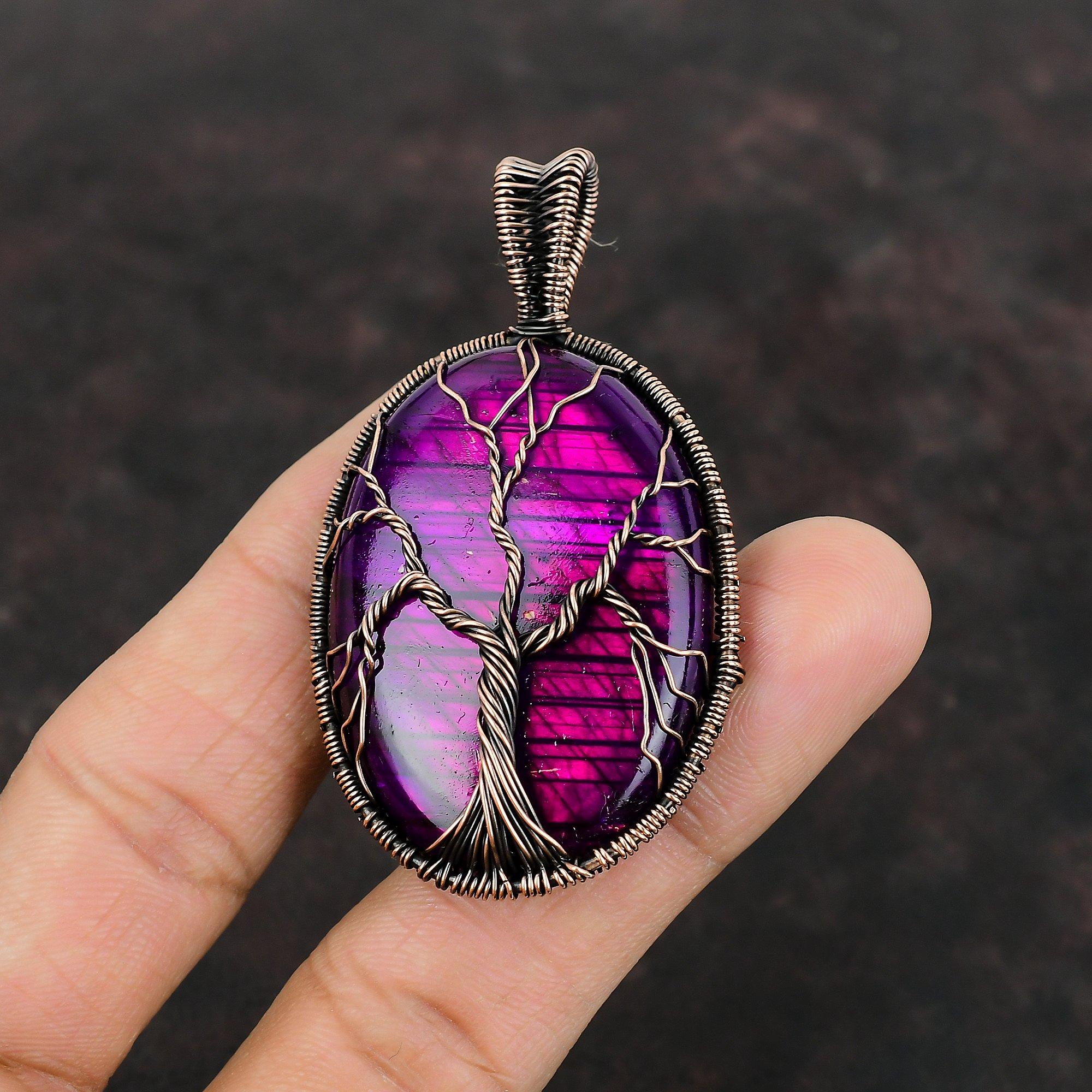 Purple Fire Labradorite Pendant Copper Wire Wrapped Pendant Tree Of Life Jewelry Handmade Gemstone Pendant Copper Wire Jewelry Wedding Gift