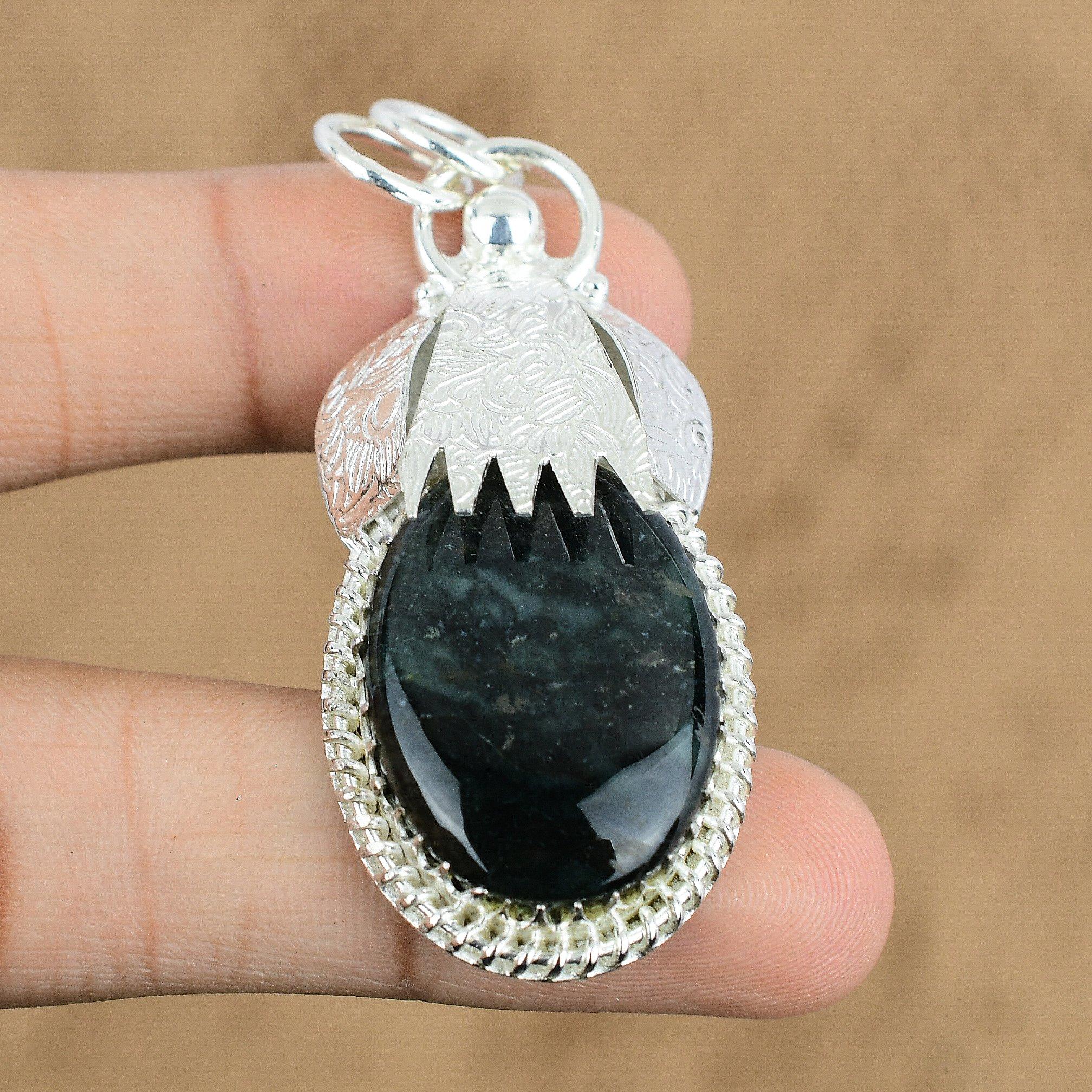 Natural Solar Moss Agate Gemstone Pendant Green 925 Sterling Silver Jewelry