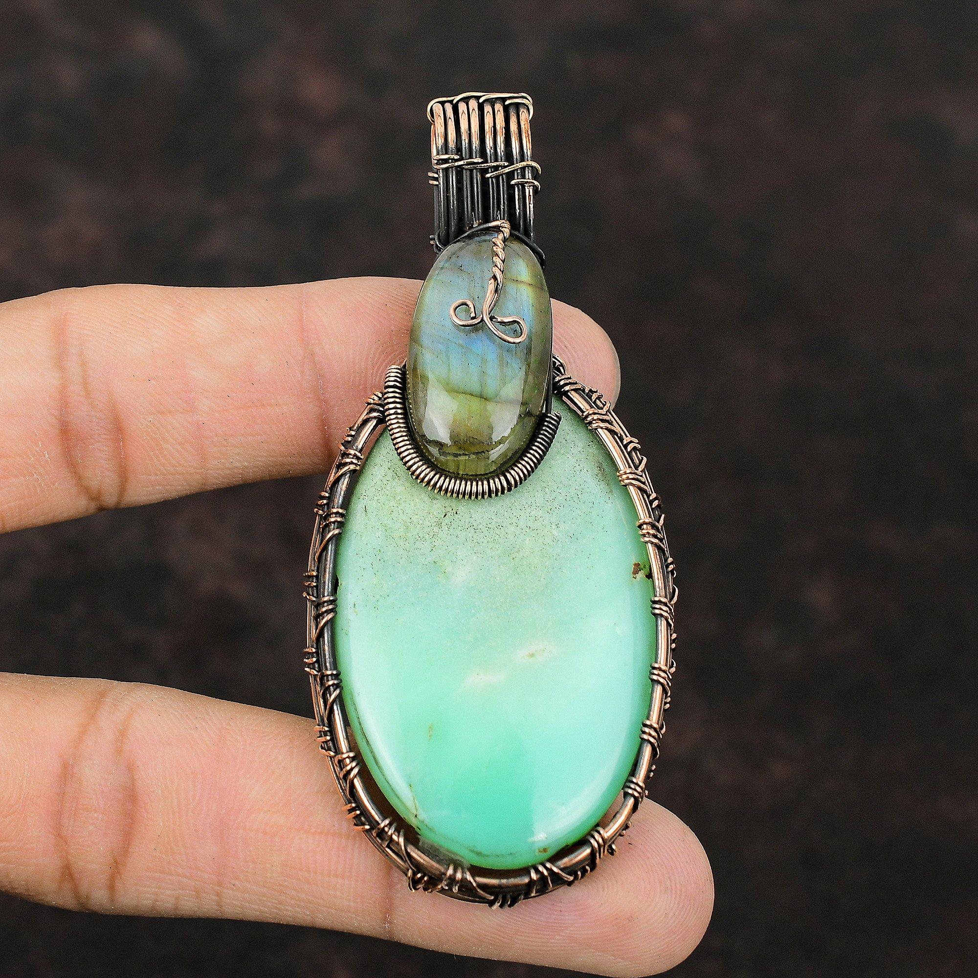 Chrysoprase Pendant Copper Wire Wrapped Pendant Labradorite Jewelry Gift For Her Handmade Pendant Gemstone Copper Jewelry Wire Wrap Pendant