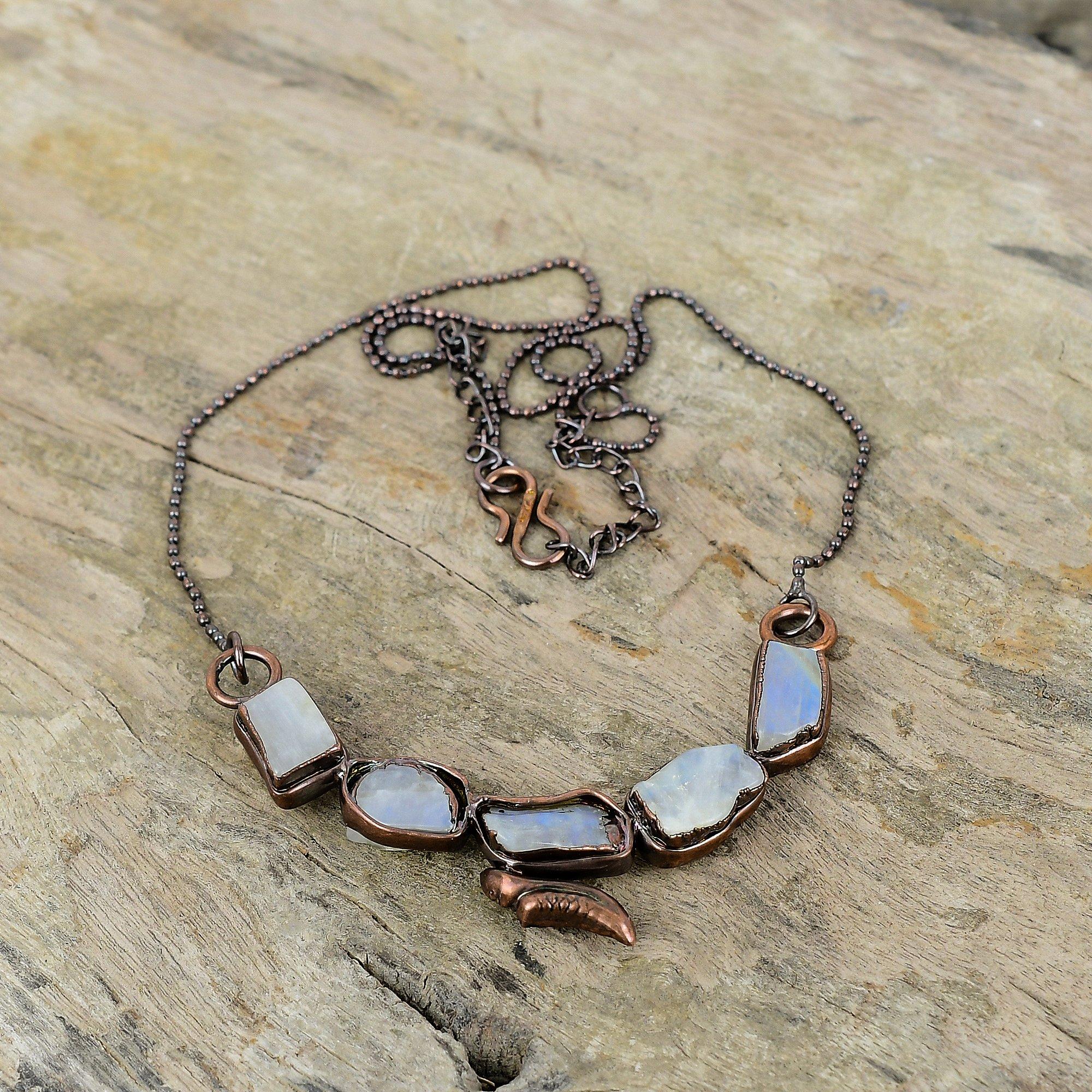 Collier Pierre de Lune Arc-en-ciel Brut Collier Cuivre Électroformé Collier Chaîne Réglable Bijoux Électroformés Faits Main Colliers Pierres Précieuses