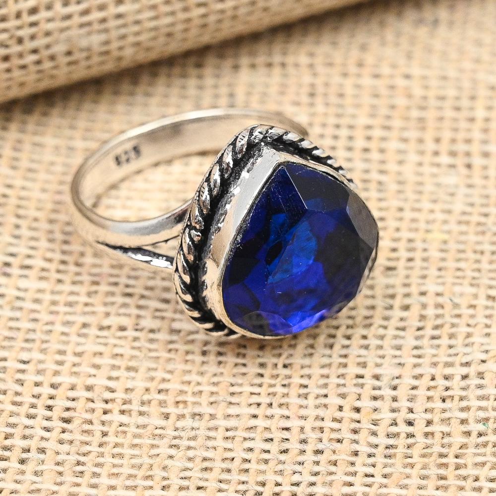 Blue Sapphire Lab-Created Gemstone Handmade 925 Sterling Silver Ring For Wedding Gift