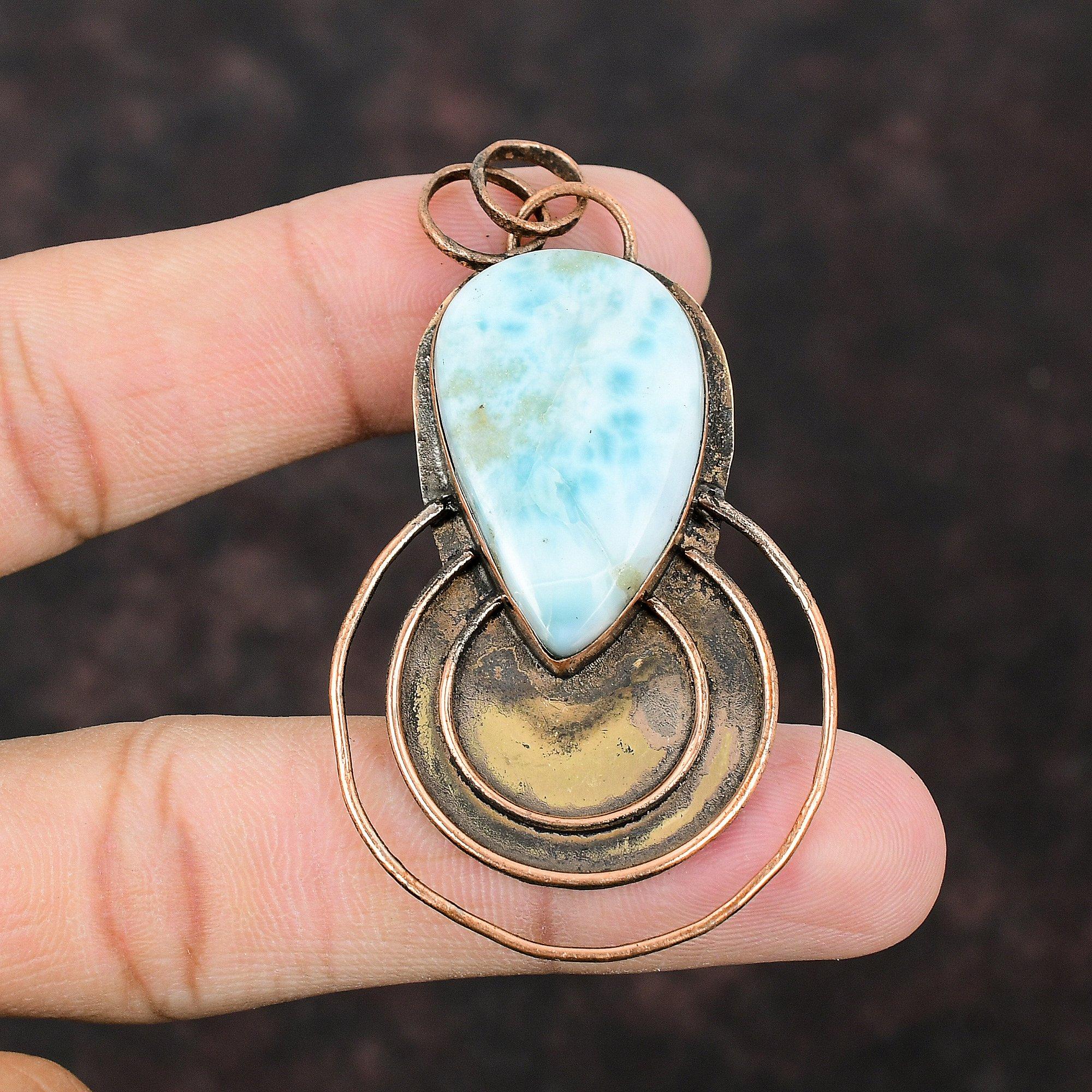 Larimar Pendant Copper Pendant Antique Pendant Larimar High Qaulity Gemstone Jewelry Handmade Boho Style Pendant Gift For Her Copper Jewelry