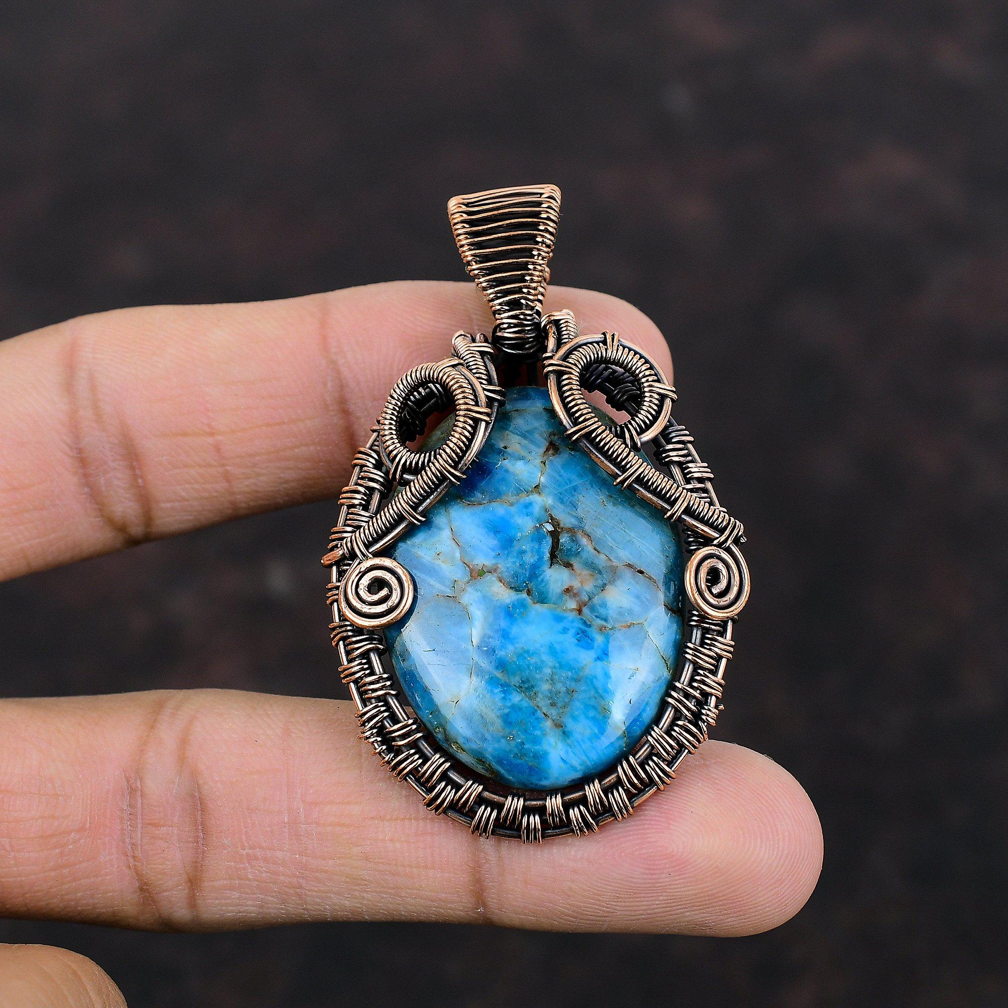 Neon Apatite Pendant Copper Wire Wrapped Pendant Neon Apatite Jewelry Handmade Copper Jewelry Wonderful Gemstone Pendant Anniversary Gift