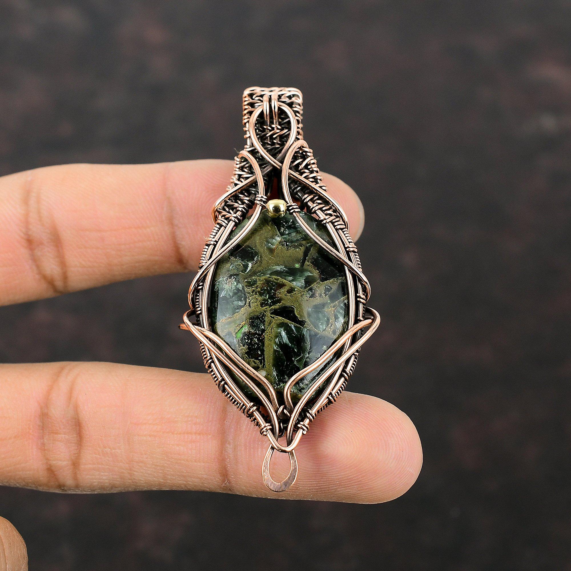 Copper Seraphinite Pendant Copper Wire Wrapped Gemstone Pendant Unique Copper Jewelry Handmade Pendant Wire Wrapped Jewelry Pendant For Gift