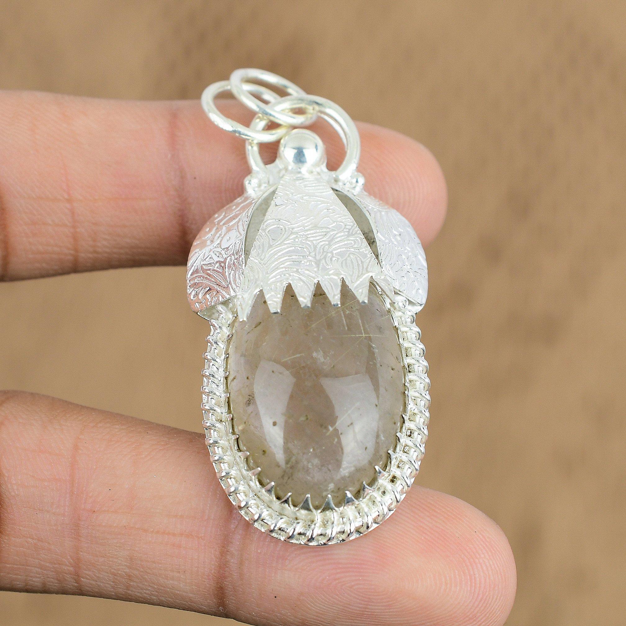 Womens Day Deal 925 Sterling Silver Oval Natural Golden Rutile Pendant Jewelry