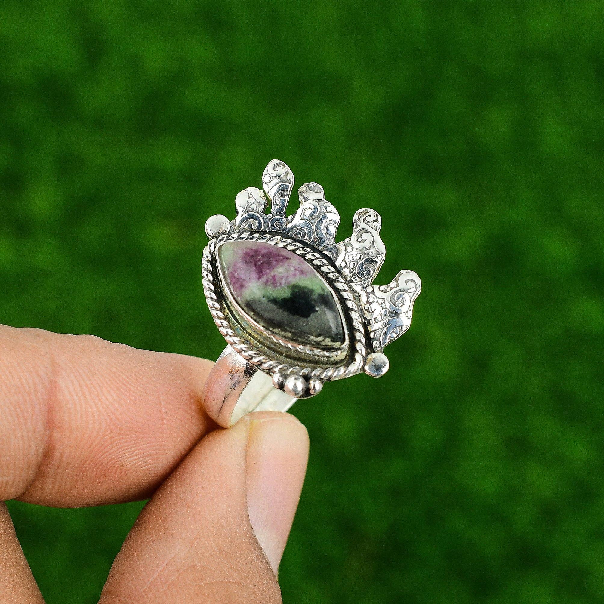 Gift For Women Multi Stone Adjustable Ring 925 Silver Natural Ruby Zoisite