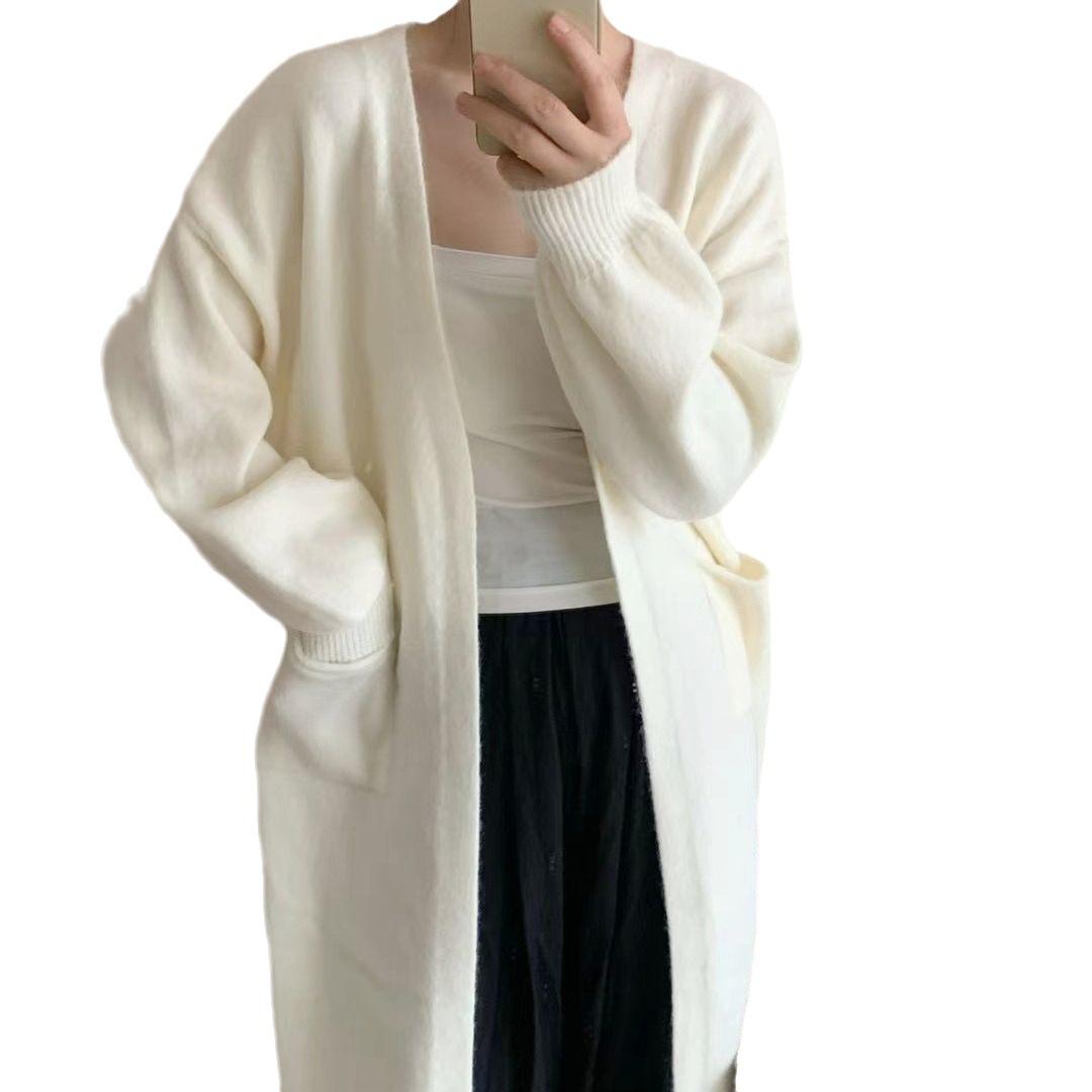 Jarní a podzimní dámský svetr Cardigan Tops Líný měkký úplet bunda Cardigan Středně dlouhý volný svetr