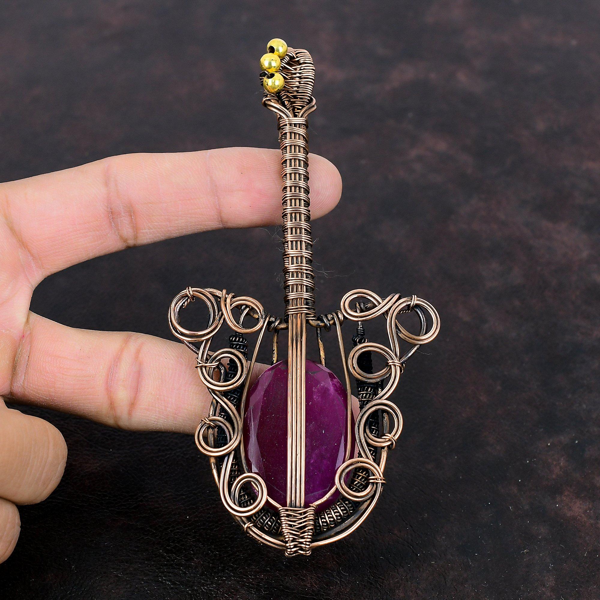 Faceted Kashmir Ruby Pendant Copper Wire Wrapped Pendant Gemstone Pendant Guitar Jewelry Ethnic Pendant Handmade Copper Jewelry Gift For Mom