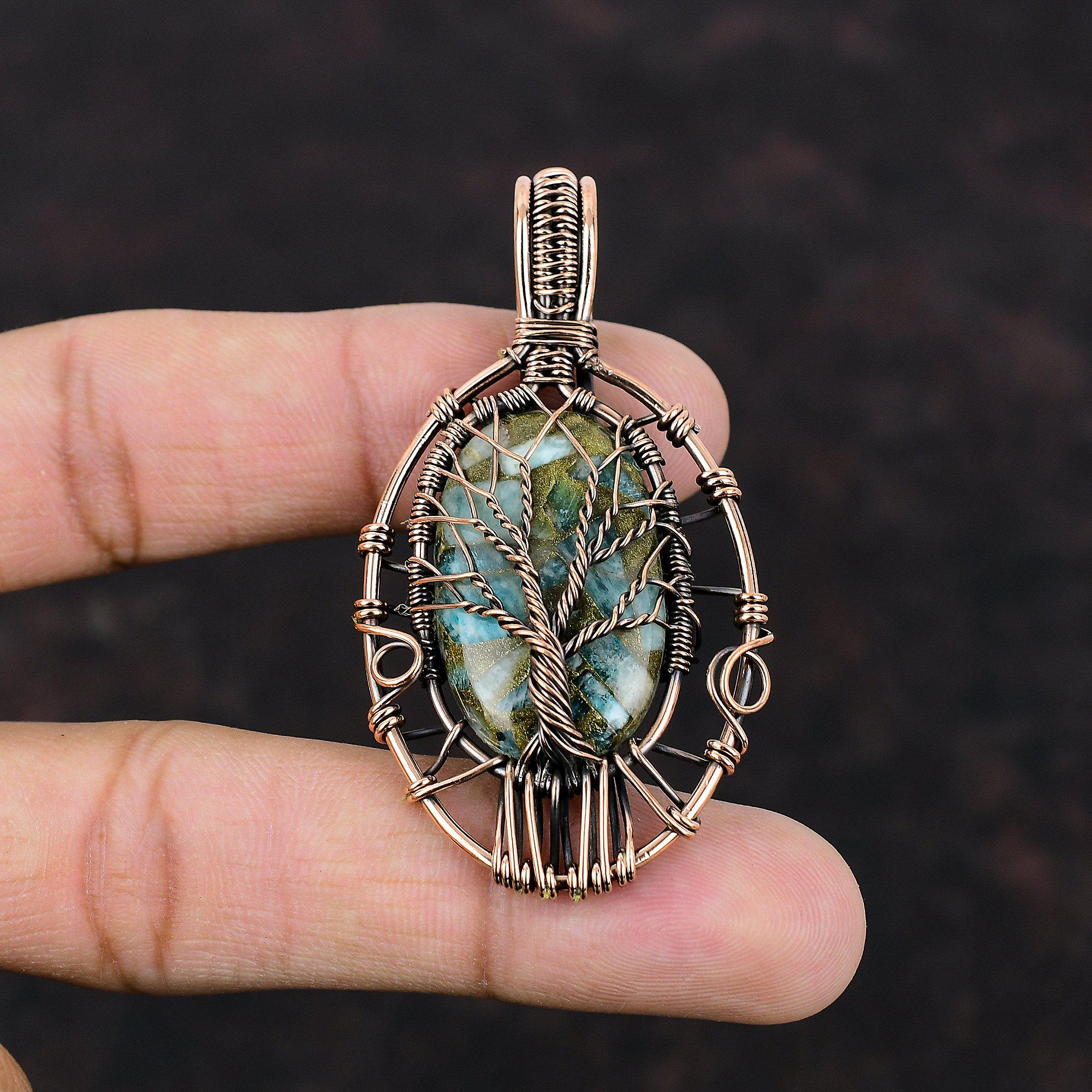 Tree Of Life Copper Amazonite Pendant Copper Wire Wrapped Pendant Gemstone Jewelry Designer Pendant Handmade Copper Jewelry Gift For Mother