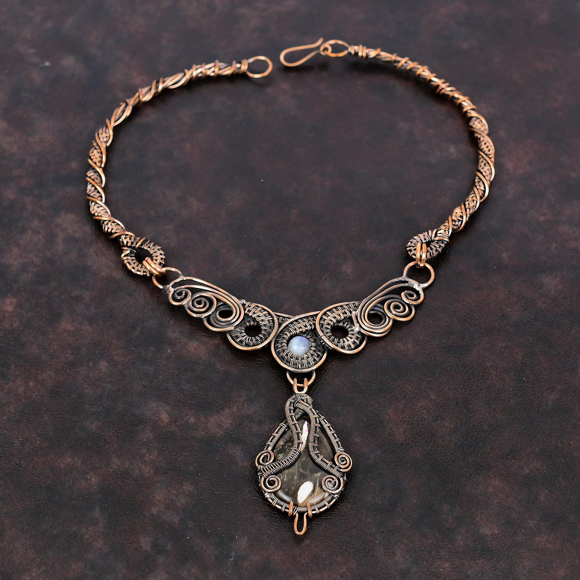 Peanut Wood Jasper Necklace Copper Wire Wrapped Jewelry Real Gemstone Necklace Handmade Copper Necklace Wire Wrap Rainbow Moonstone Necklace