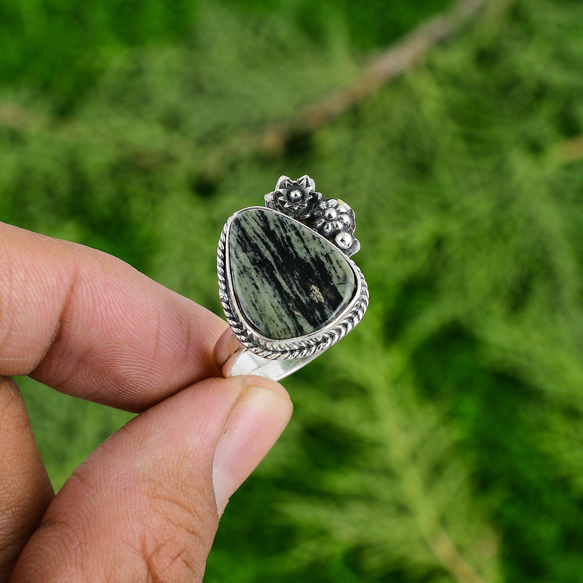 Natural Silver Leaf Jasper Multi Stone Flower Adjustable Ring 925 Silver