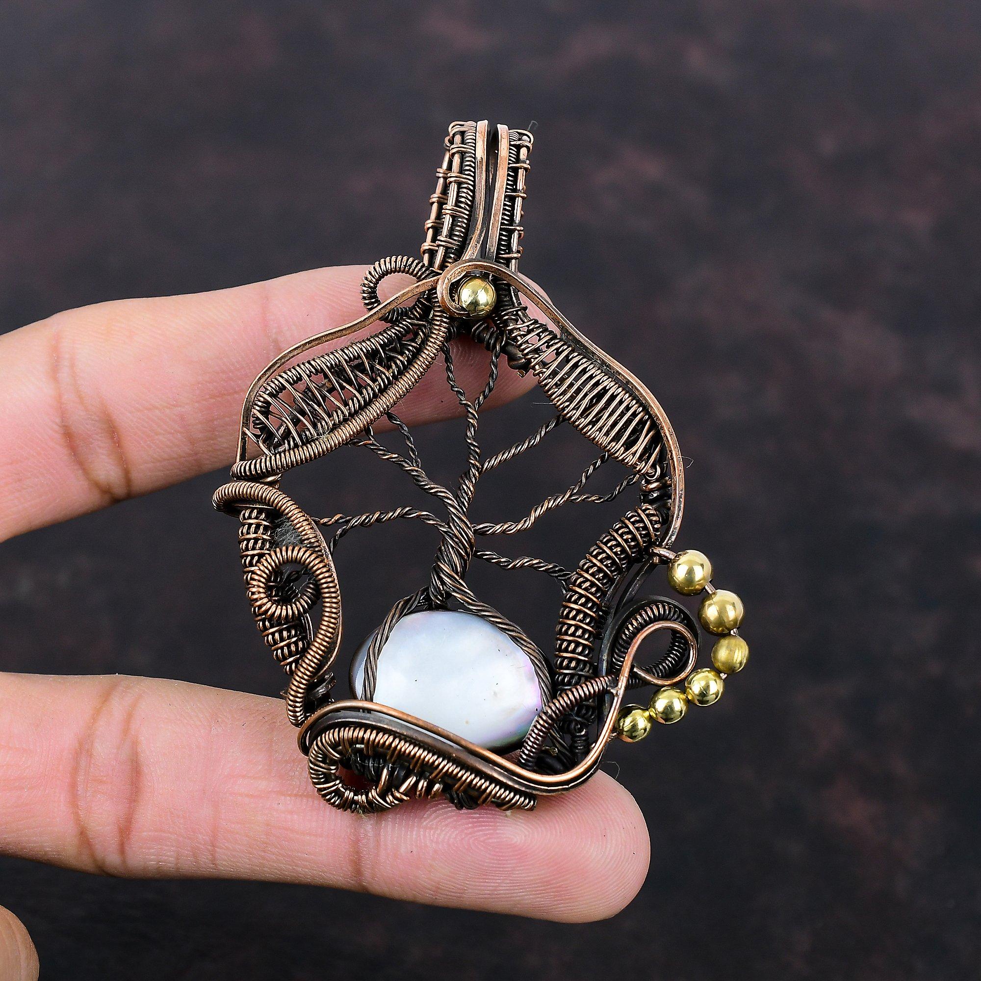 Tree Of Life Mother Of Pearl Pendant Copper Wire Wrapped Gemstone Pendant Handmade Pendants Copper Jewelry Ethnic Style Pendant Gift For Him