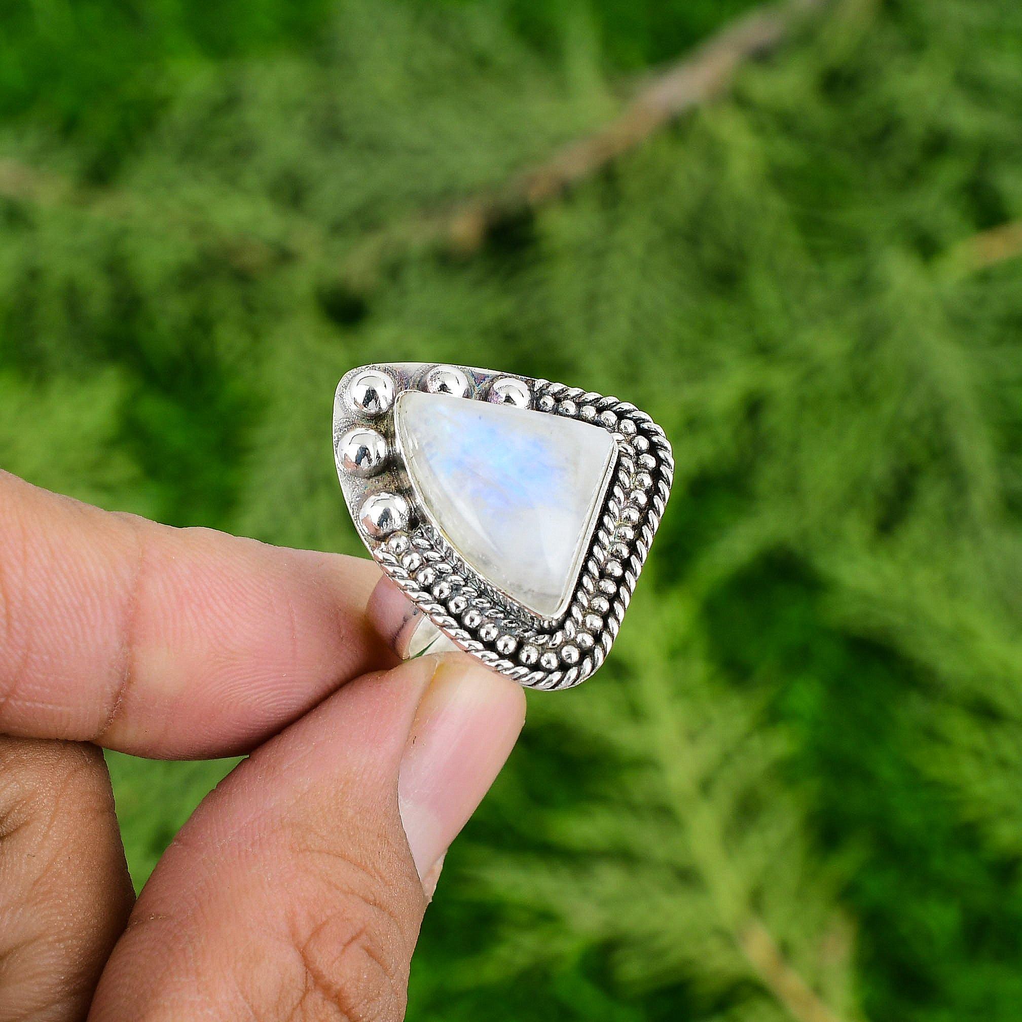 Rainbow Moonstone Stone Bezel Solitaire Handmade Mother Ring Jewelry 925 Silver