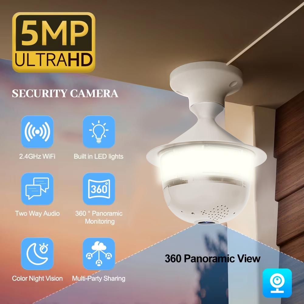 Telecamera di Sicurezza a Lampadina E27 WiFi da 5MP, Visione Notturna a Colori, Audio Bidirezionale, Tracciamento Automatico Wireless, Obiettivo Fisheye