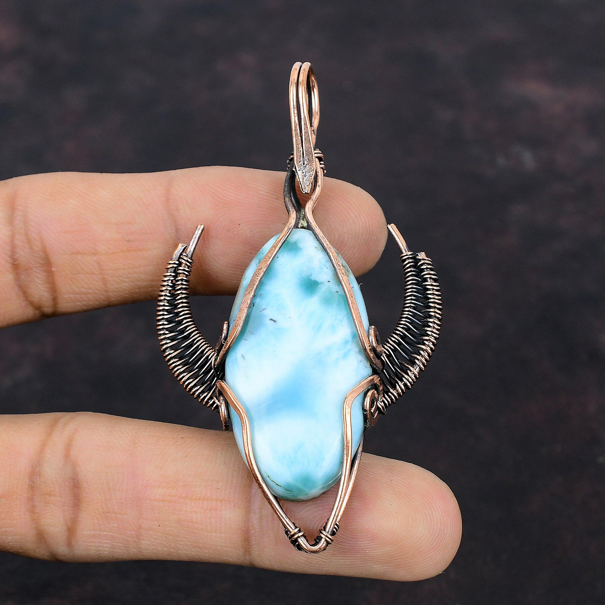 Larimar Pendant Copper Wire Wrapped Pendant Bull Face Shape Pendant Handmade Gemstone Pendant Copper Jewelry Wire Wrap Jewelry Gift For Her