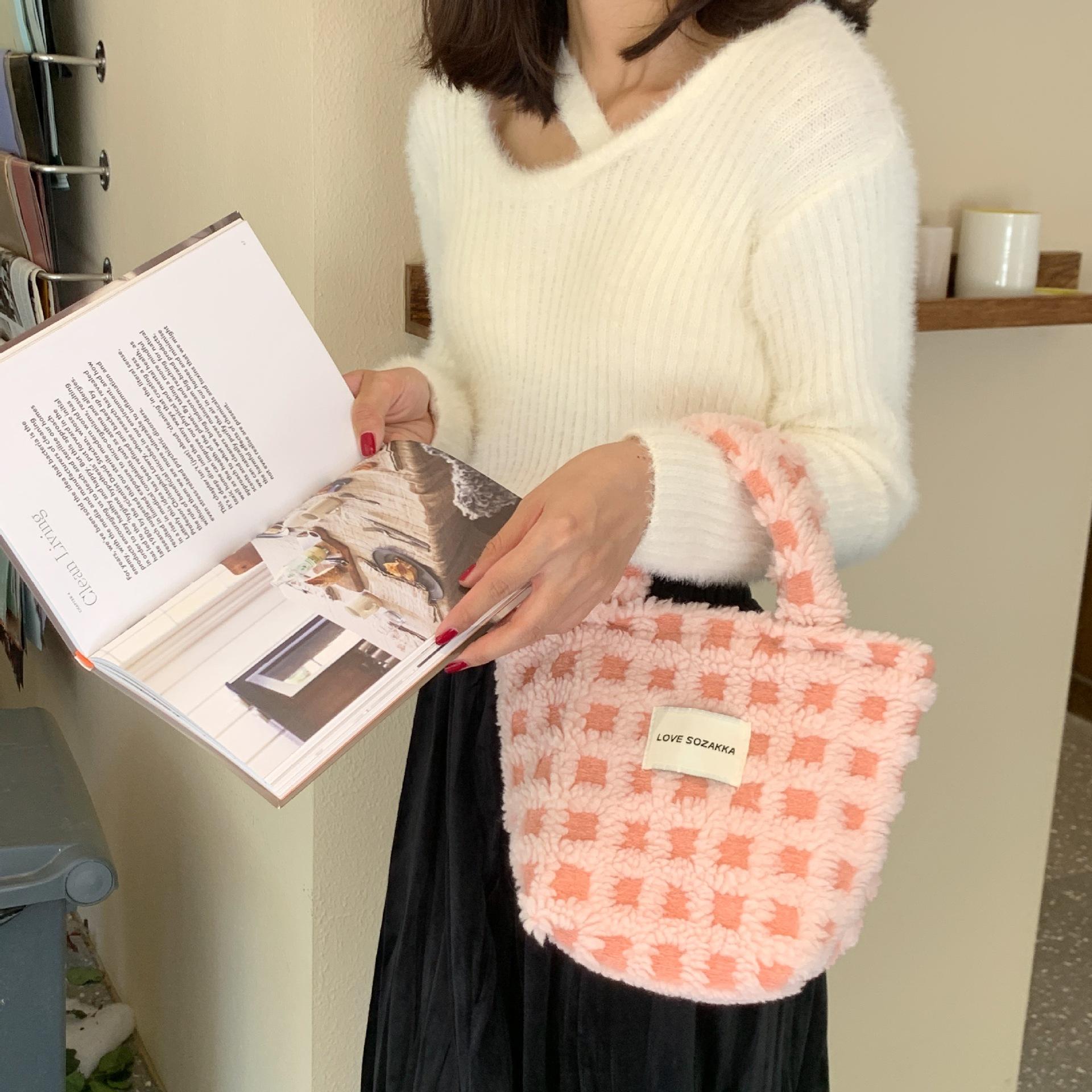 Autumn Winter Lamb Hair Waffle Cute Handheld Tote Bag Women's Portable Large Capacity Handbag