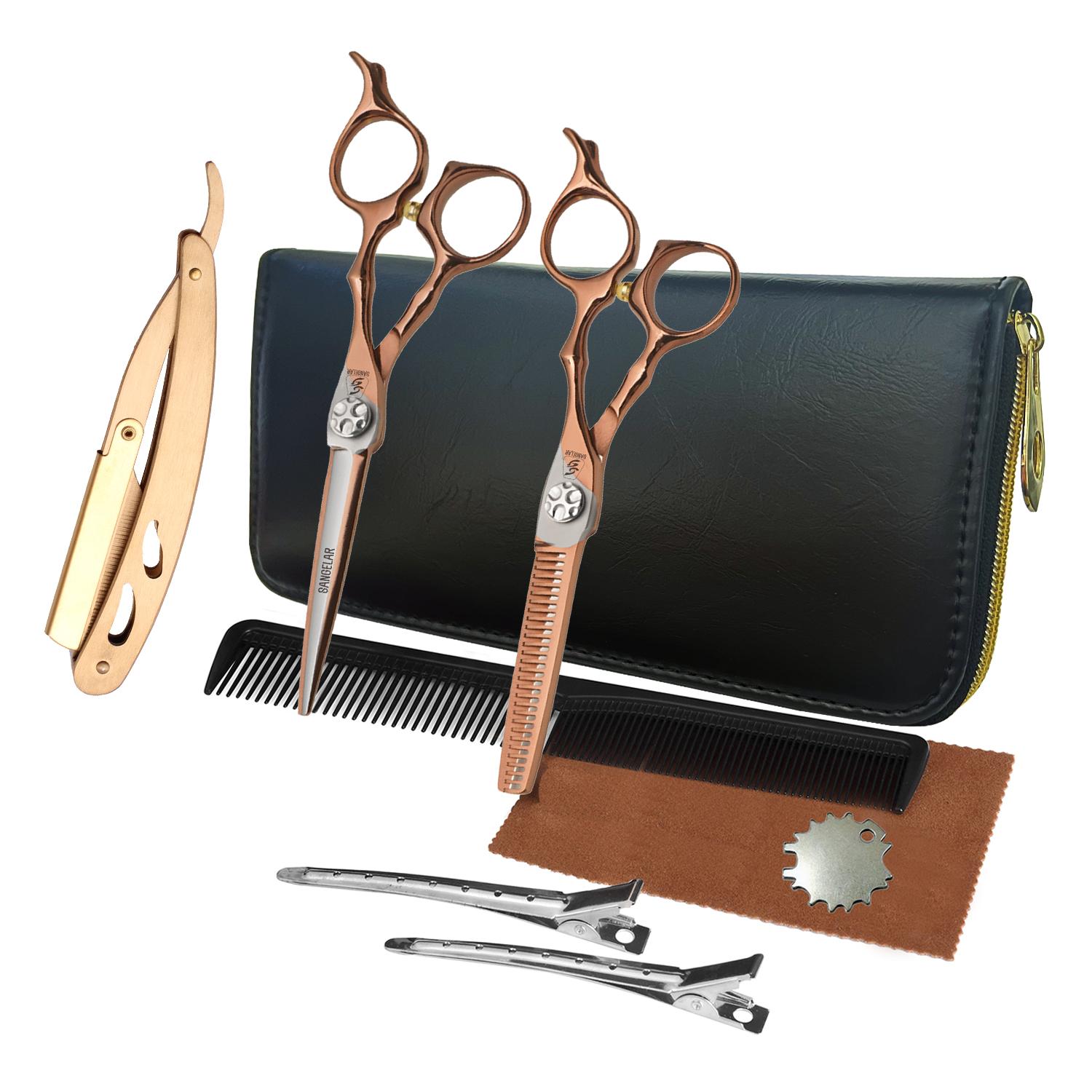 SANGELAR 5.5 Inch Top Grade Hair Scissors Set Professional Top Grade Groomer Tools Hairdressing Cutting Thinning Scissors