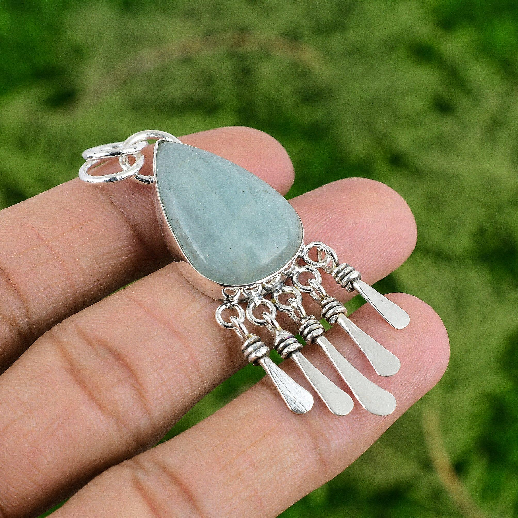 Pendentif Tendance en Argent Sterling 925 avec Aigue-marine Naturelle de Naissance de Mars