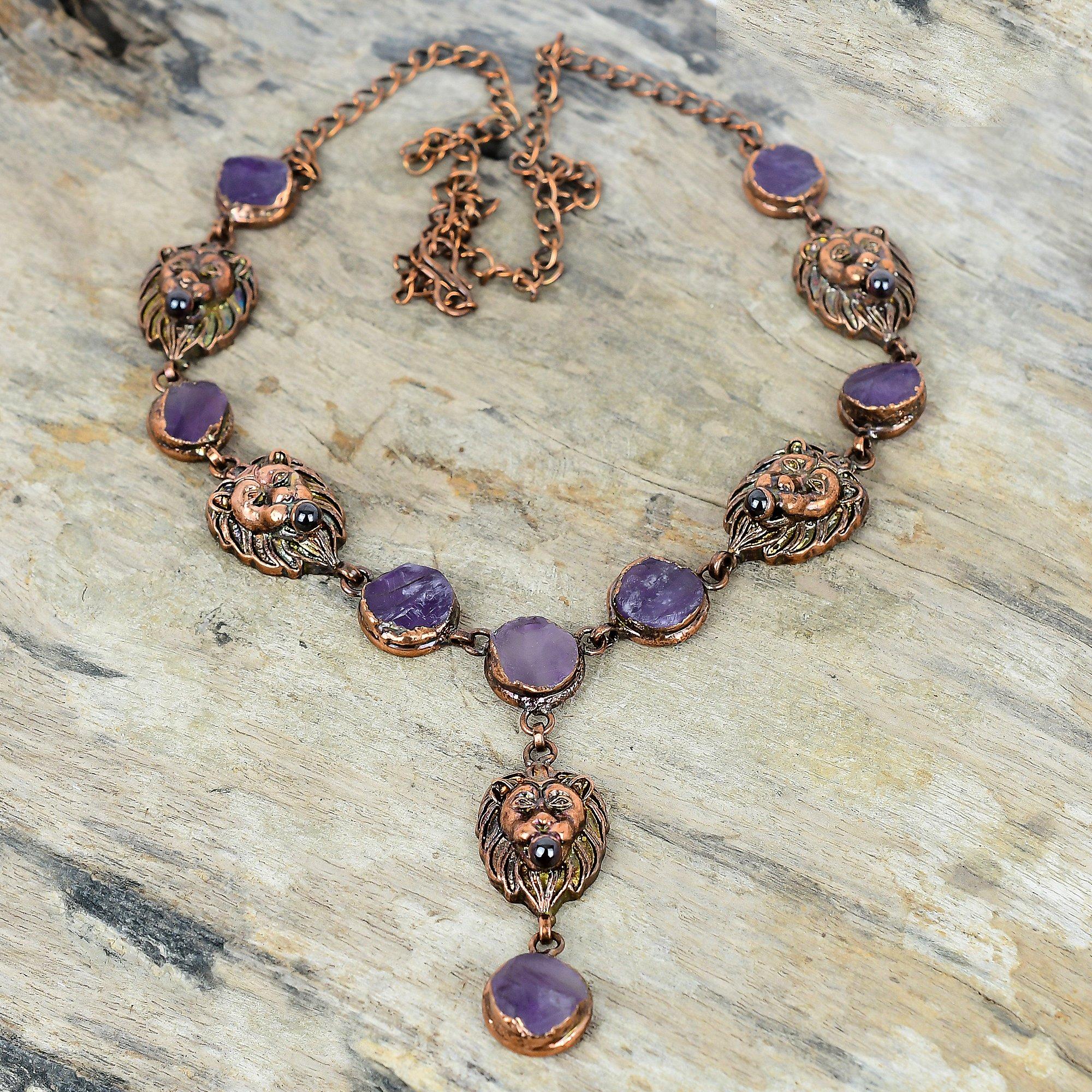 African amethyst rough necklace electroformed copper gemstone necklace adjustable chain necklace lion face necklace handmade antique jewelry