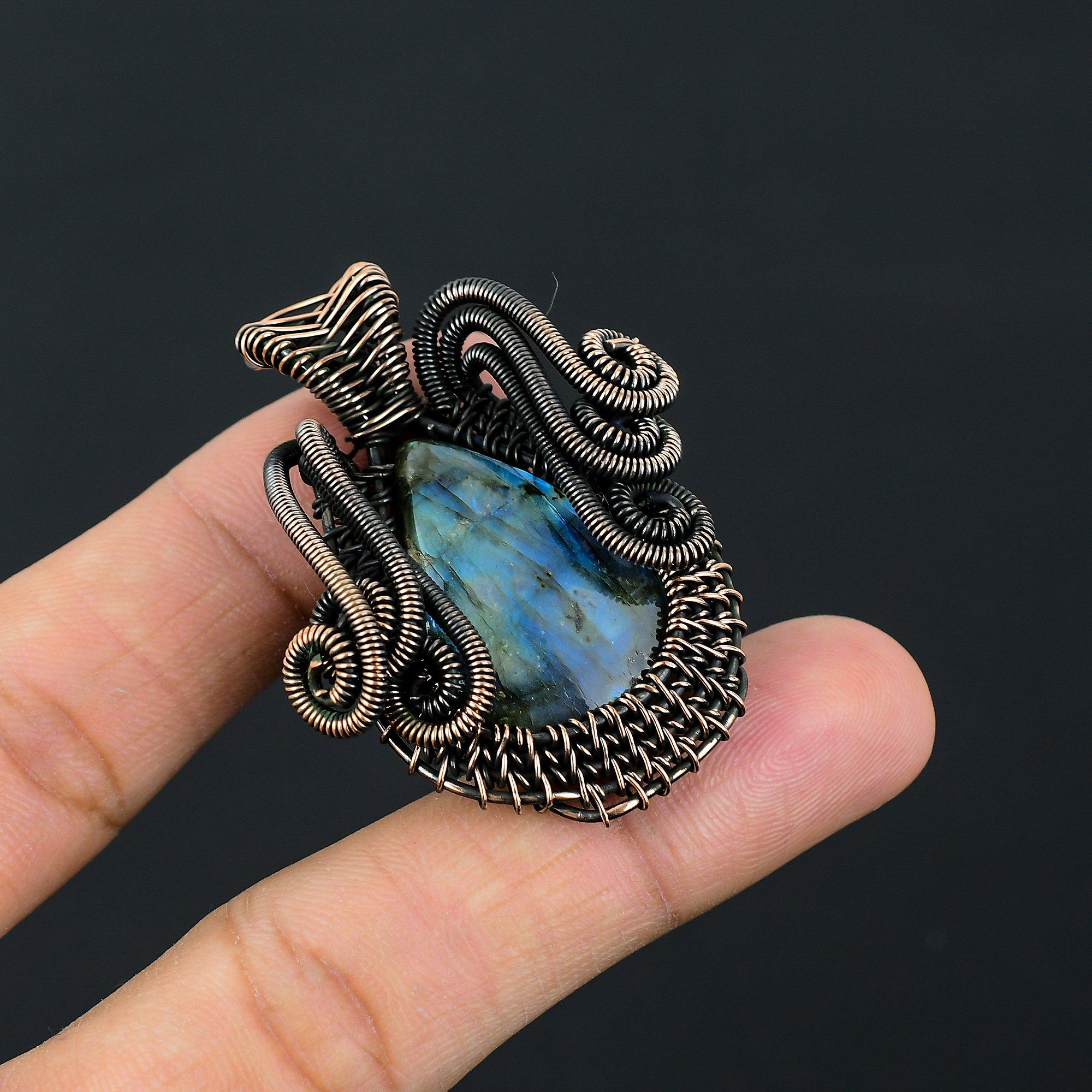 Unique Labradorite Gemstone Jewelry Pure Copper Wire Wrapped Handmade Pendant