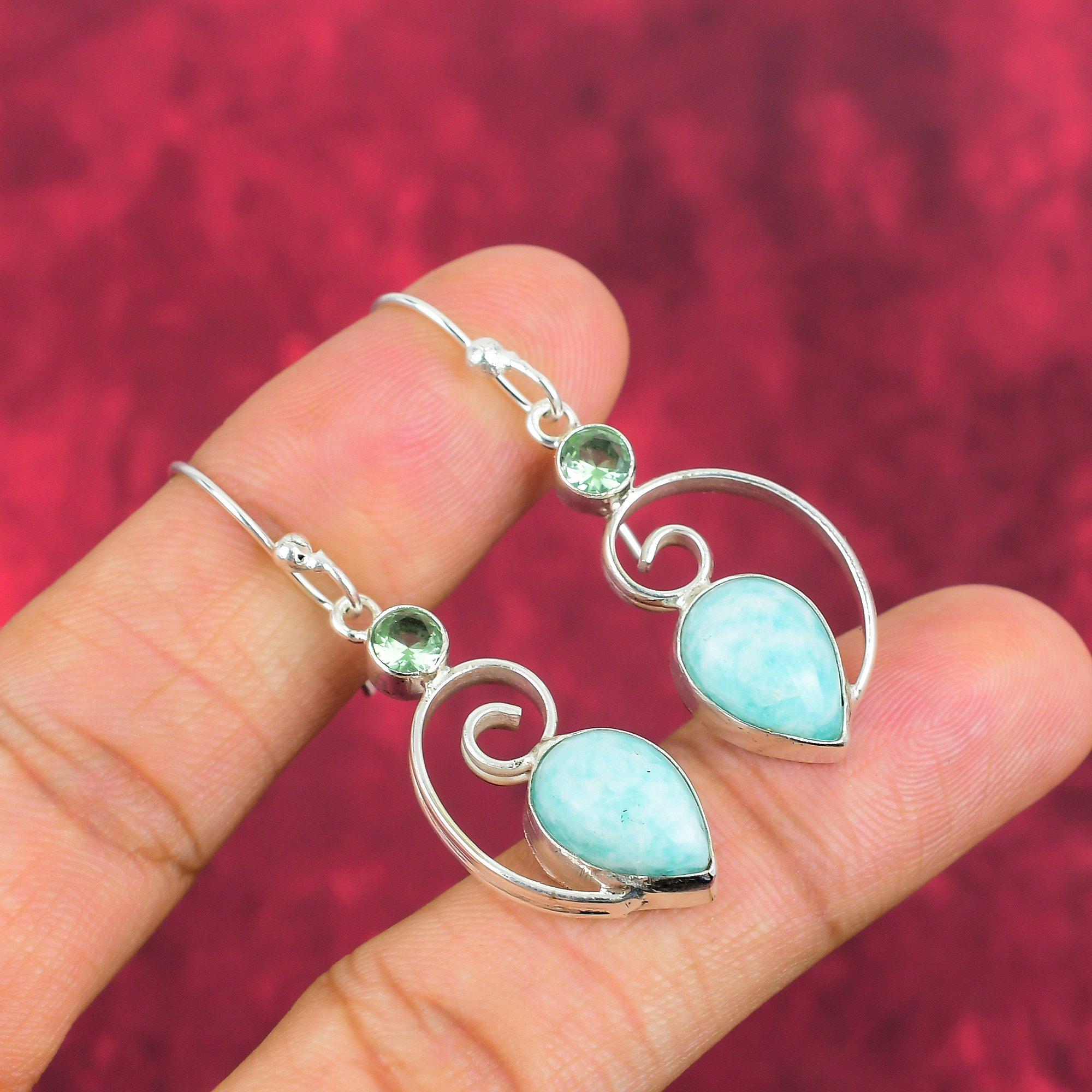 Boucles d'oreilles en argent sterling massif 925 avec larimar et améthyste verte, bijoux en pierres précieuses faits à la main pour le Memorial Day