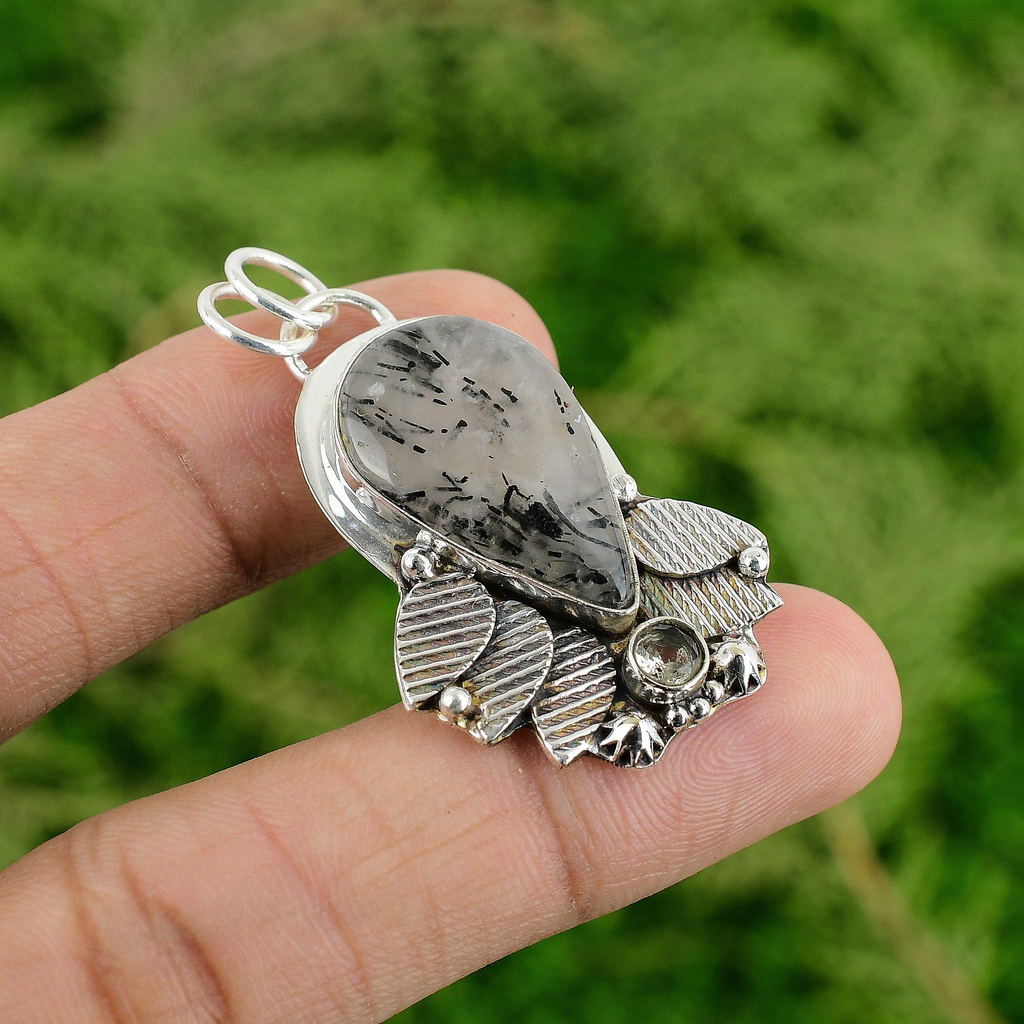 925 Silver Black Rutilated Quartz Gemstone White Topaz Daughter Elegant Pendant