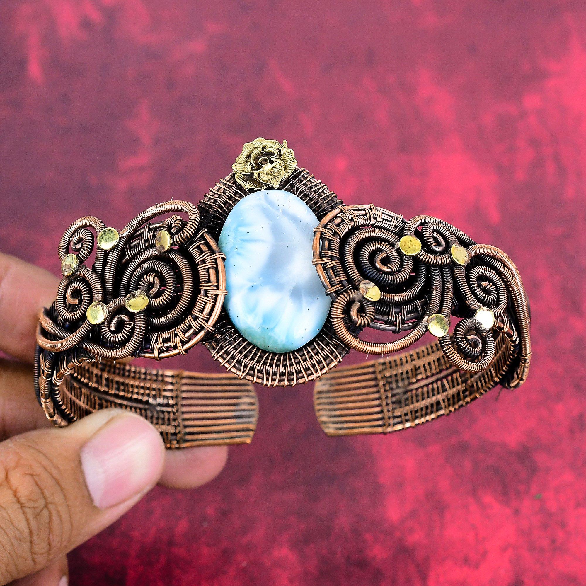 Larimar cuff bracelet copper wire wrapped adjustable bangle gemstone cuff bracelet handmade copper wire jewelry gifts for him flower bangle