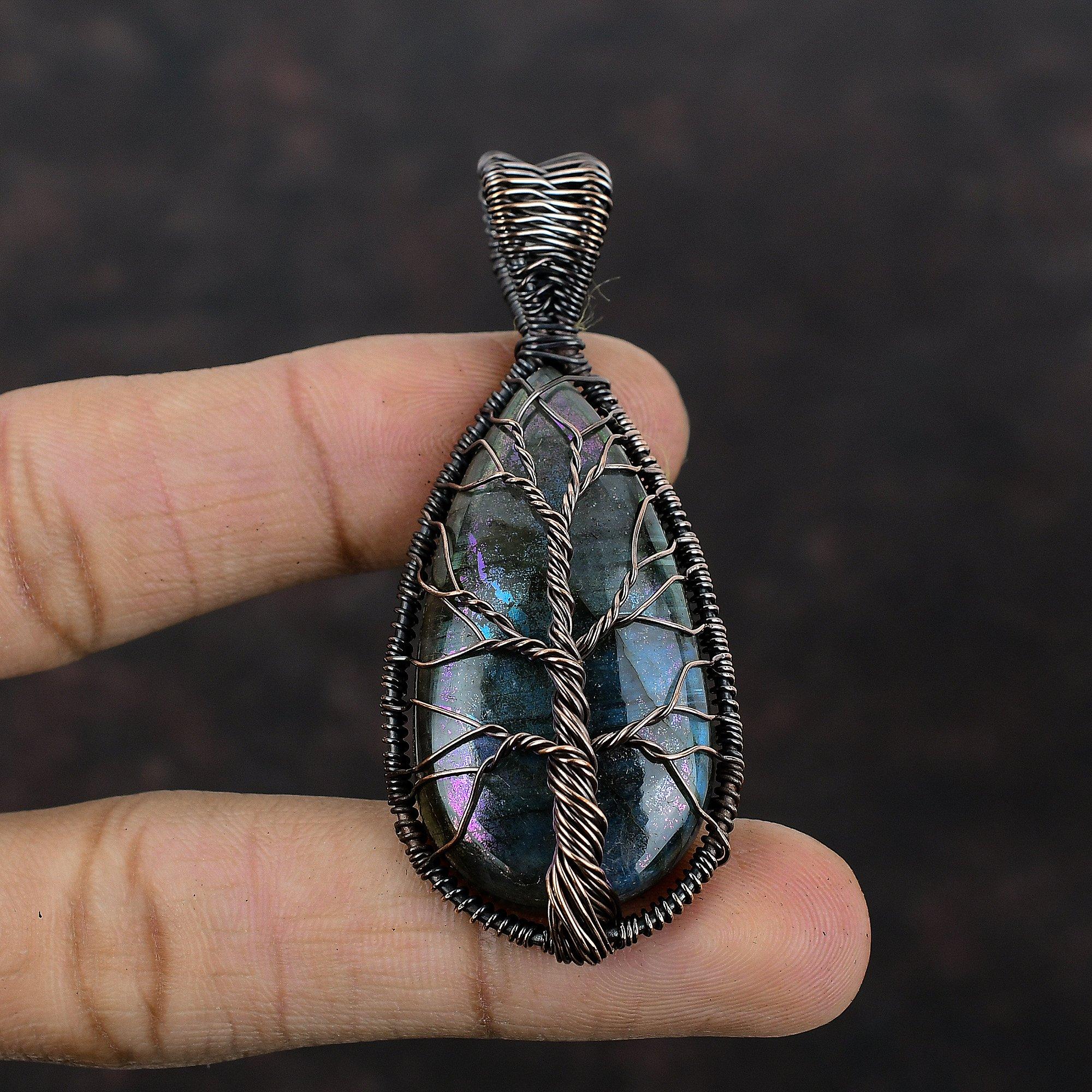 Tree Of Life Mystic Fire Labradorite Pendant Copper Wire Wrapped Pendant Gemstone Pendant Copper Jewelry Gift For Her Handmade Wire Jewelry