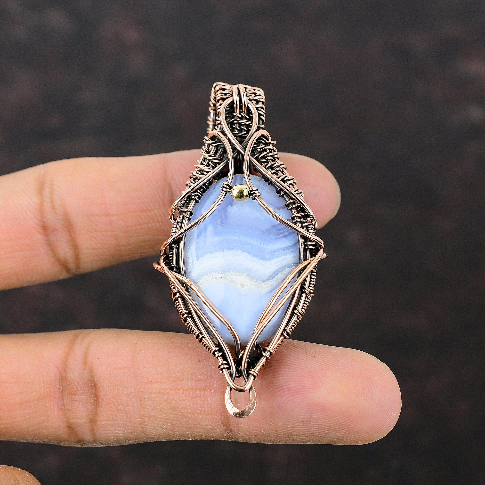 Blue Lace Agate Pendant Copper Wire Wrapped Pendant Handmade Copper Jewelry Gemstone Pendant Gift For Mom Wire Wrap Jewelry Designer Pendant