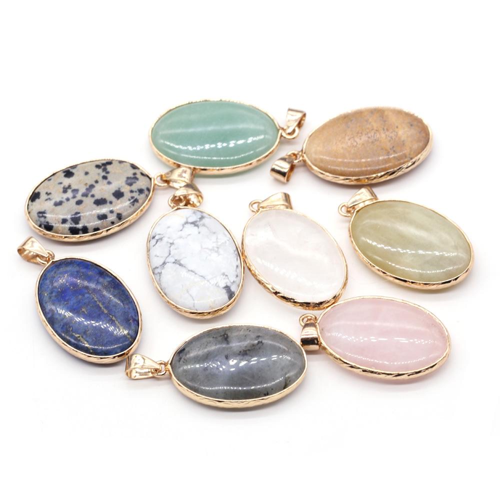 1Pc Natural Stone Pendant Oval Rose Quartz Turquoise Jade Lapis Lazuli Gemstone Charms for Jewelry Making DIY Necklace Bracelet Accessory 22×35 Mm