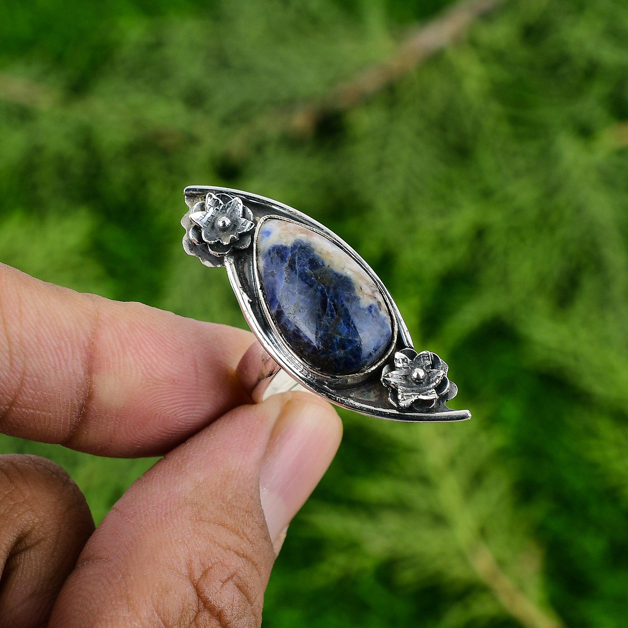 Easter Sale Sodalite Stone Sterling Silver Solitaire Flower Promise Ring Jewelry