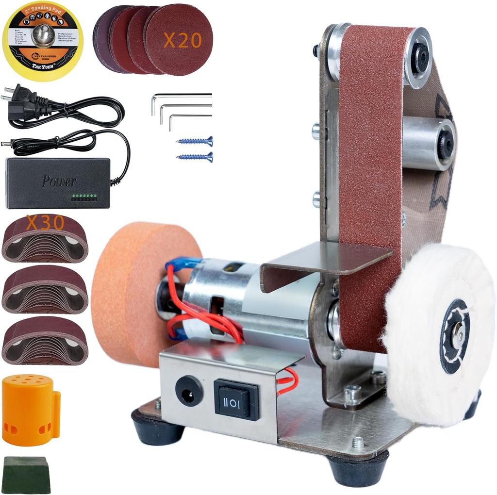 3-In-1 Mini Belt Sander - 15 Degree Knife Sharpener Electric Bench Grinder Sanding Machine, 7 Adjustable Speed Buffer Polisher for Metal Wood