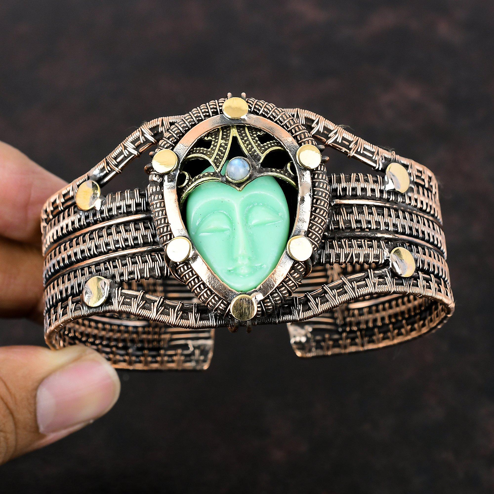 Green Carved Bone Face Gemstone Bangle Copper Wire Wrapped Cuff Bracelet Adjustable Bangle Handmade Rainbow Moonstone Bangle Copper Jewelry