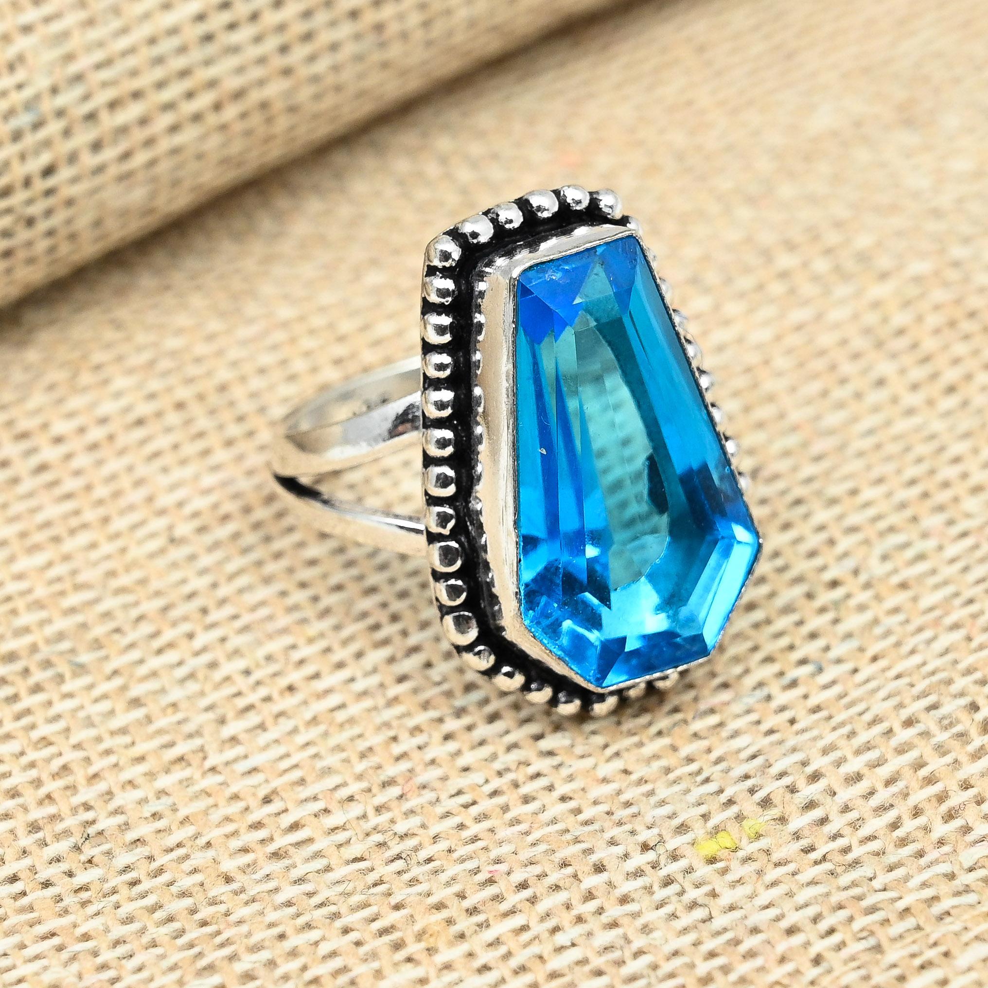 Blue Topaz Gemstone Solid 925 Sterling Silver Handmade Coffin Designer Ring Jewelry For Gifts