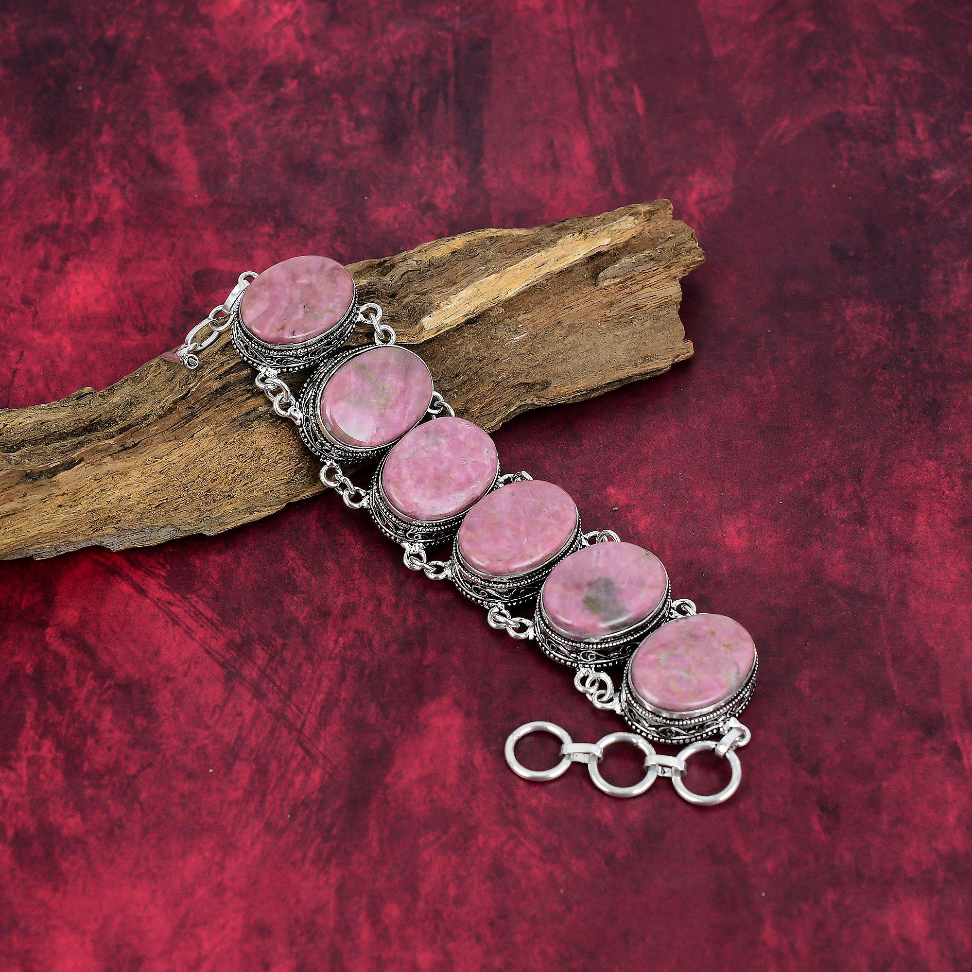 Bijuterii bratara din argint solid 925 din rodonit, bijuterii superbe din pietre pretioase Bratara naturala lucrata manual pentru cadou