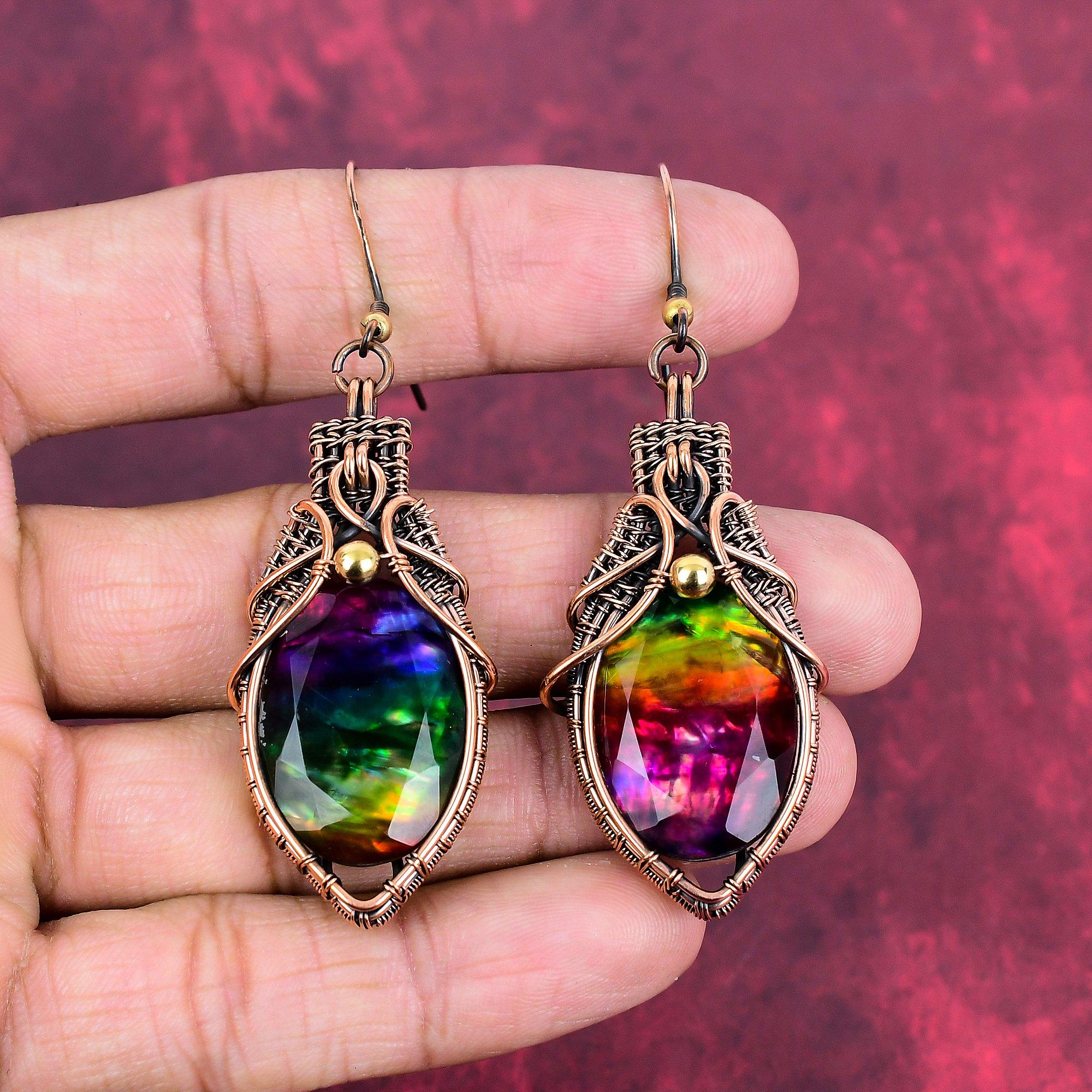 Faceted Ammolite Earring Copper Wire Wrapped Earring Amazing Drop Earring Handmade Jewelry Gemstone Earrings For Gifts Copper Wire Jewelry