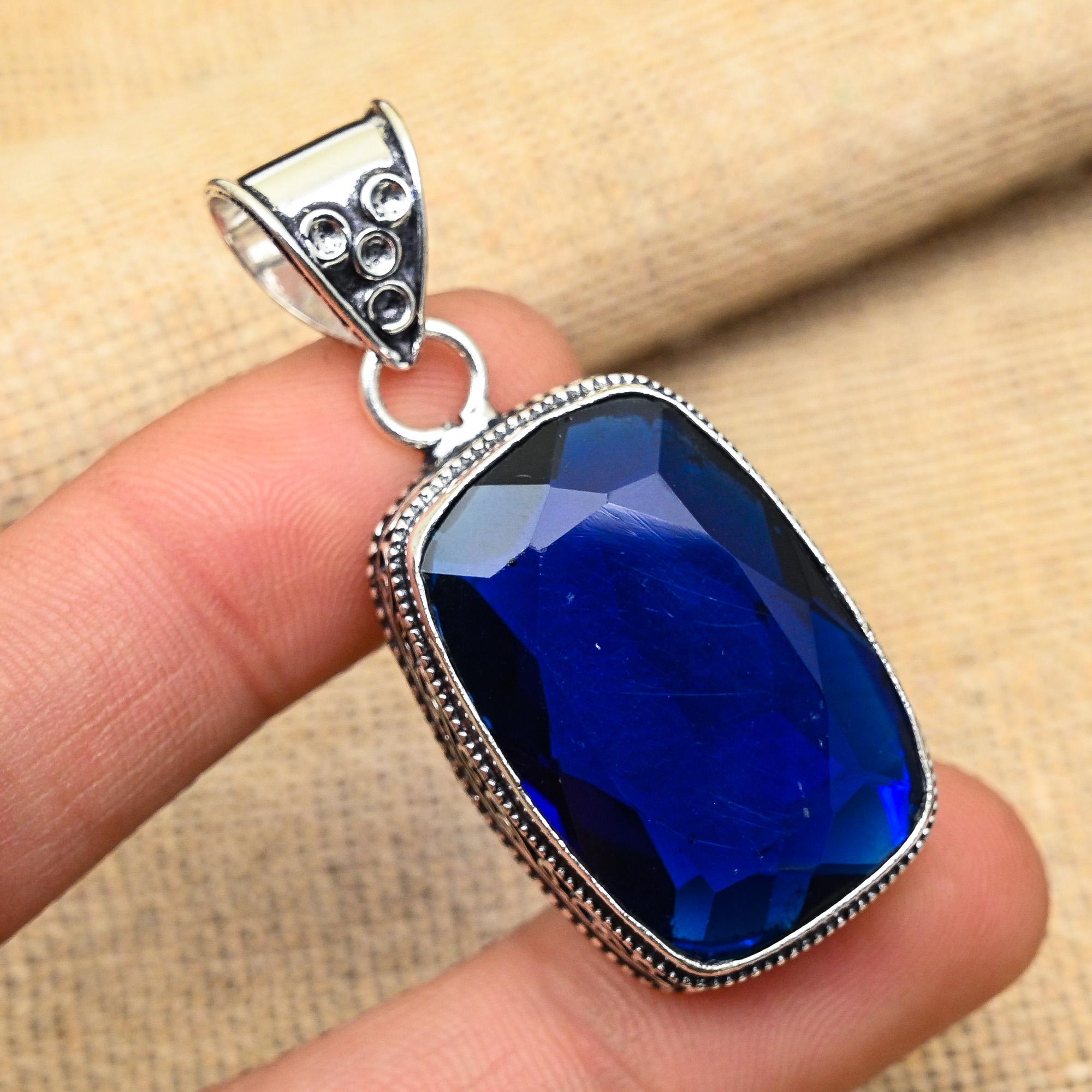 Blue Sapphire Lab-Created Gemstone Handmade 925 Solid Sterling Silver Jewelry Pendant