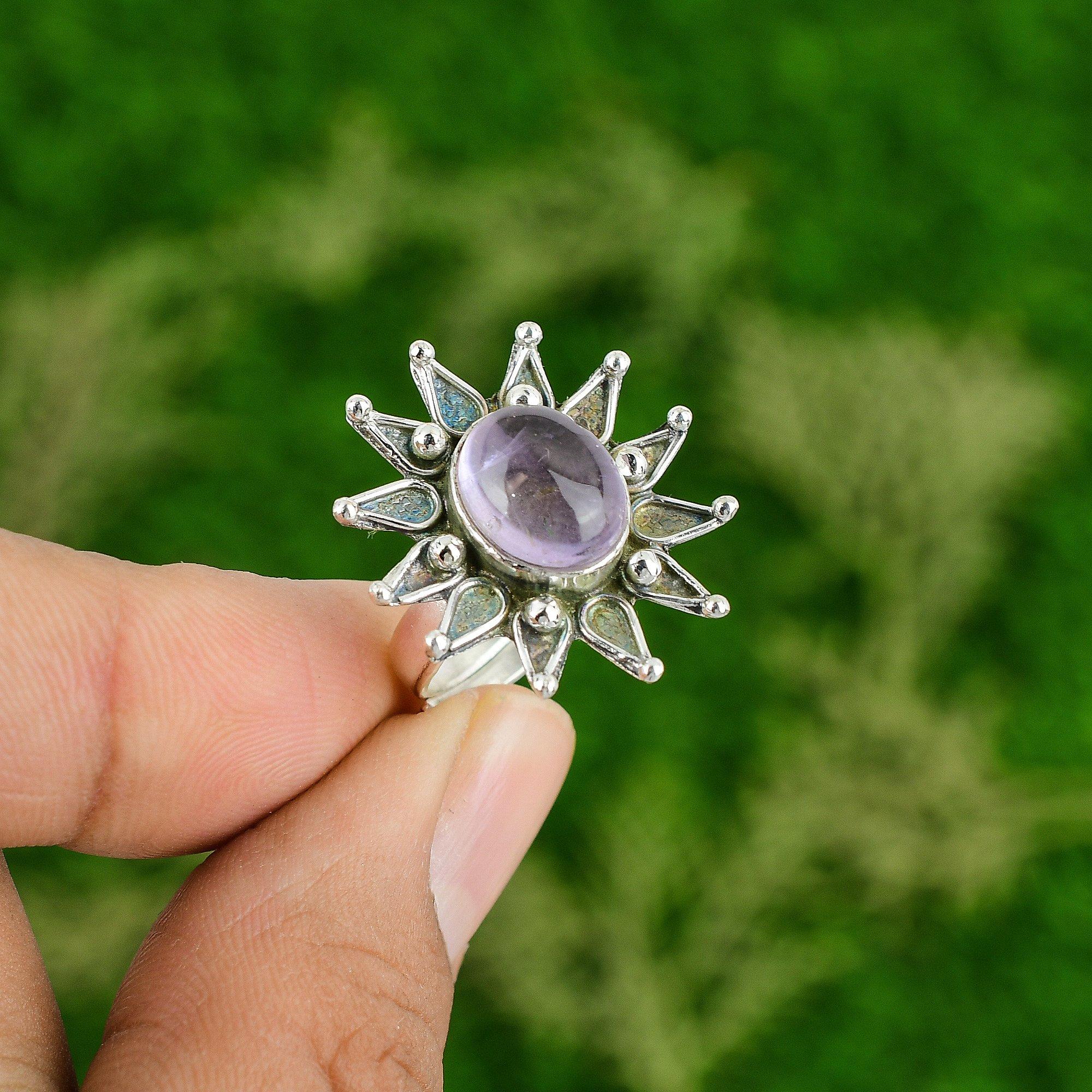 925 Silver Natural African Amethyst Stackable Flower Adjustable Ring